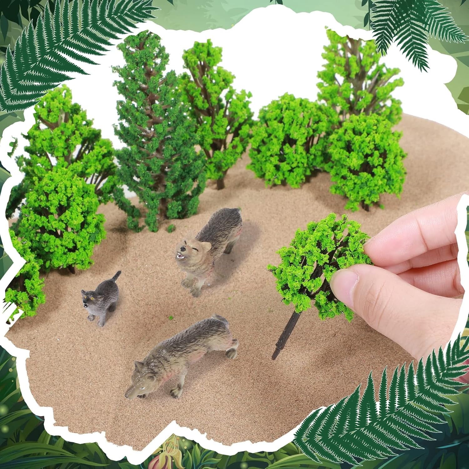 Sratte 26 Pcs Woodland Wolf Figurines Toys Model Trees Kit with Wolf Figurine Wolf Toy Playset Diorama Project Kit Cake Toppers for Kids Toddlers Birthday Gift Decor