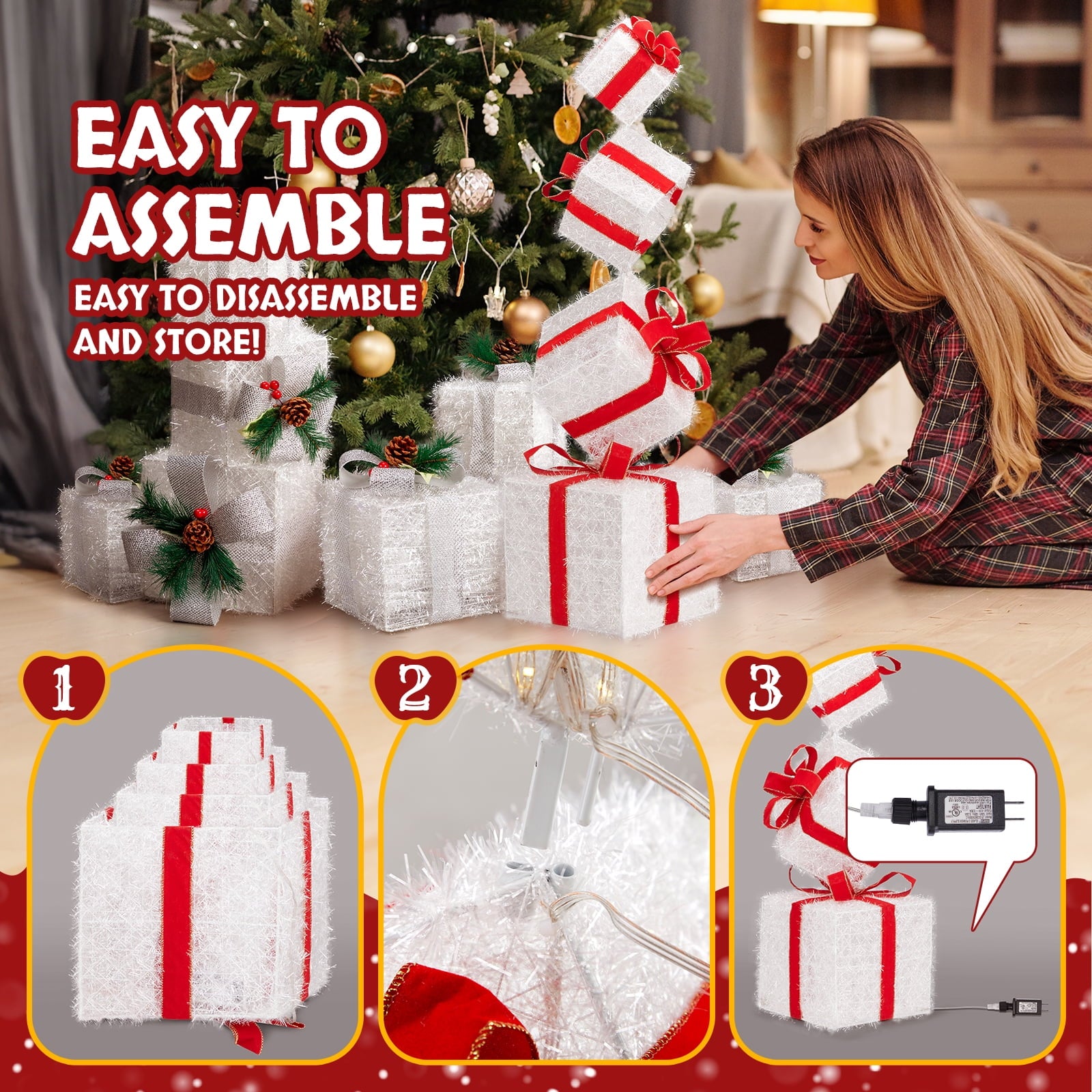 Zimtown 3.5FT Lighted Gift Boxes Christmas Decorations Gift Boxes Pop-Up Design