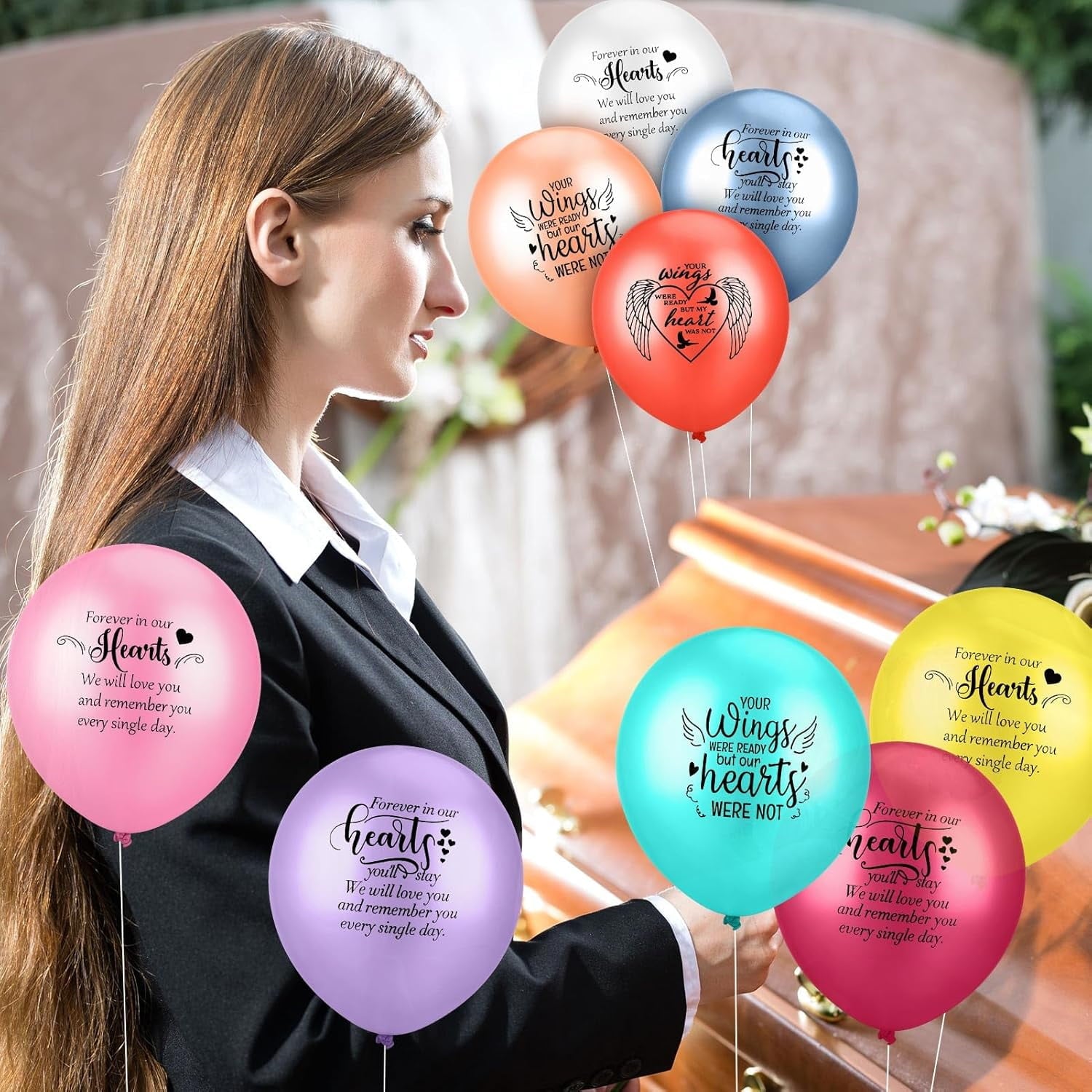 72 Pieces Memorial Balloons Colored Funeral Balloon Memory Balloons to Release in Sky Remembrance Personalized Balloons for Loss Beloved One with 2 Rolls Ribbon for Memorial Decorations