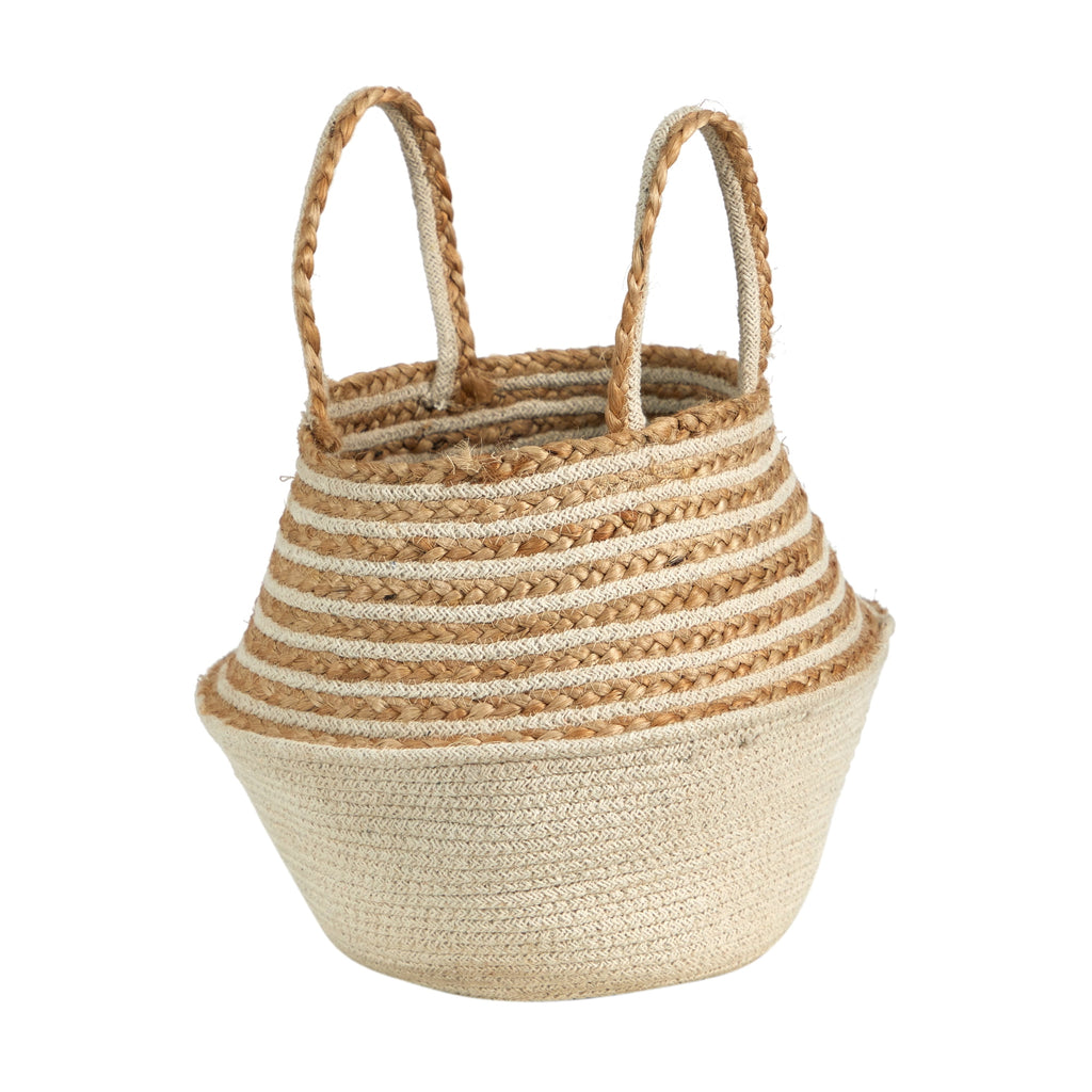 Nearly Natural 14" Boho Chic Belly Basket Natural Jute and Cotton Basket Planter, Cream Cotton Bottom Natural Top with Handles