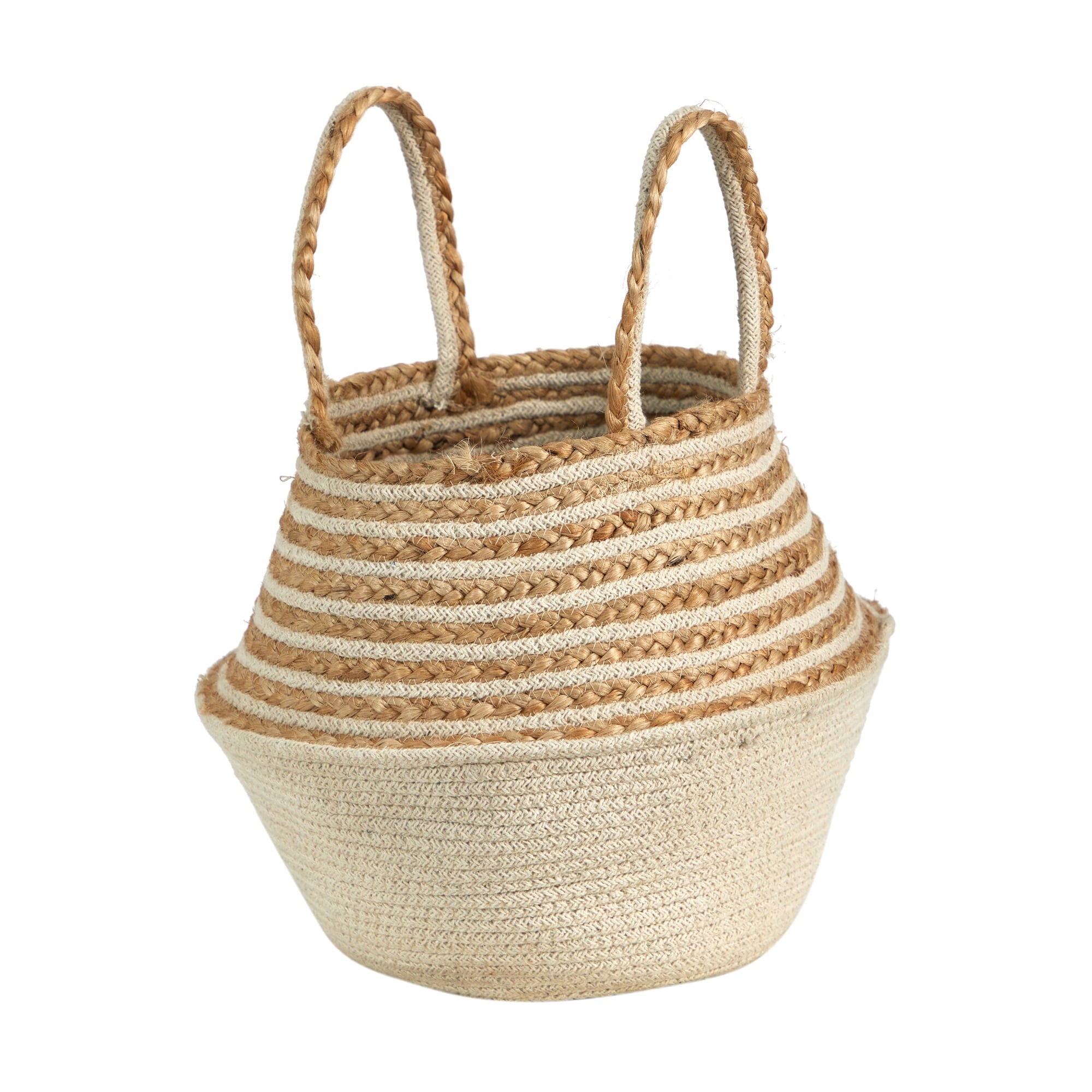 Nearly Natural 14" Boho Chic Belly Basket Natural Jute and Cotton Basket Planter, Cream Cotton Bottom Natural Top with Handles