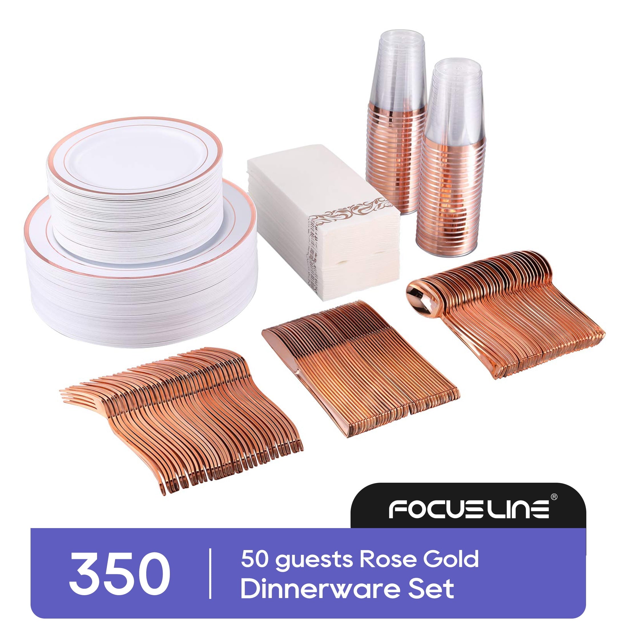 350 Piece Silver Dinnerware Set 50 Guest-100 Silver Rim Plastic Plates-50 Silver Plastic Silverware-50 Silver Plastic Cups-50 Linen Feel Silver Paper Napkins,FOCUSLINE Disposable Dinnerware Set