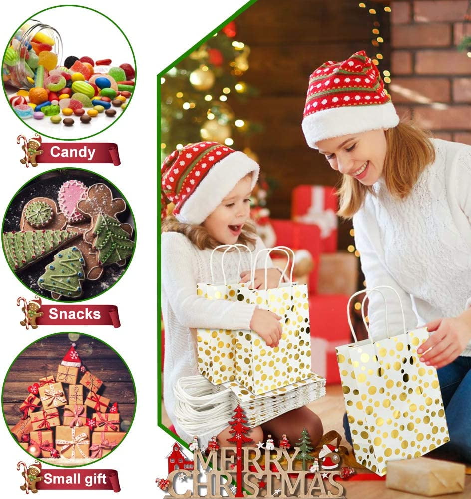 BUZIFU 24pcs Christmas Paper Gift Bags Kraft Paper Party Favor Bags with Handles Small Paper Goodie Sweet Bags Recyclable Paper Carrier for Birthday/Wedding/Shopping (8.07x5.71x3.15in)