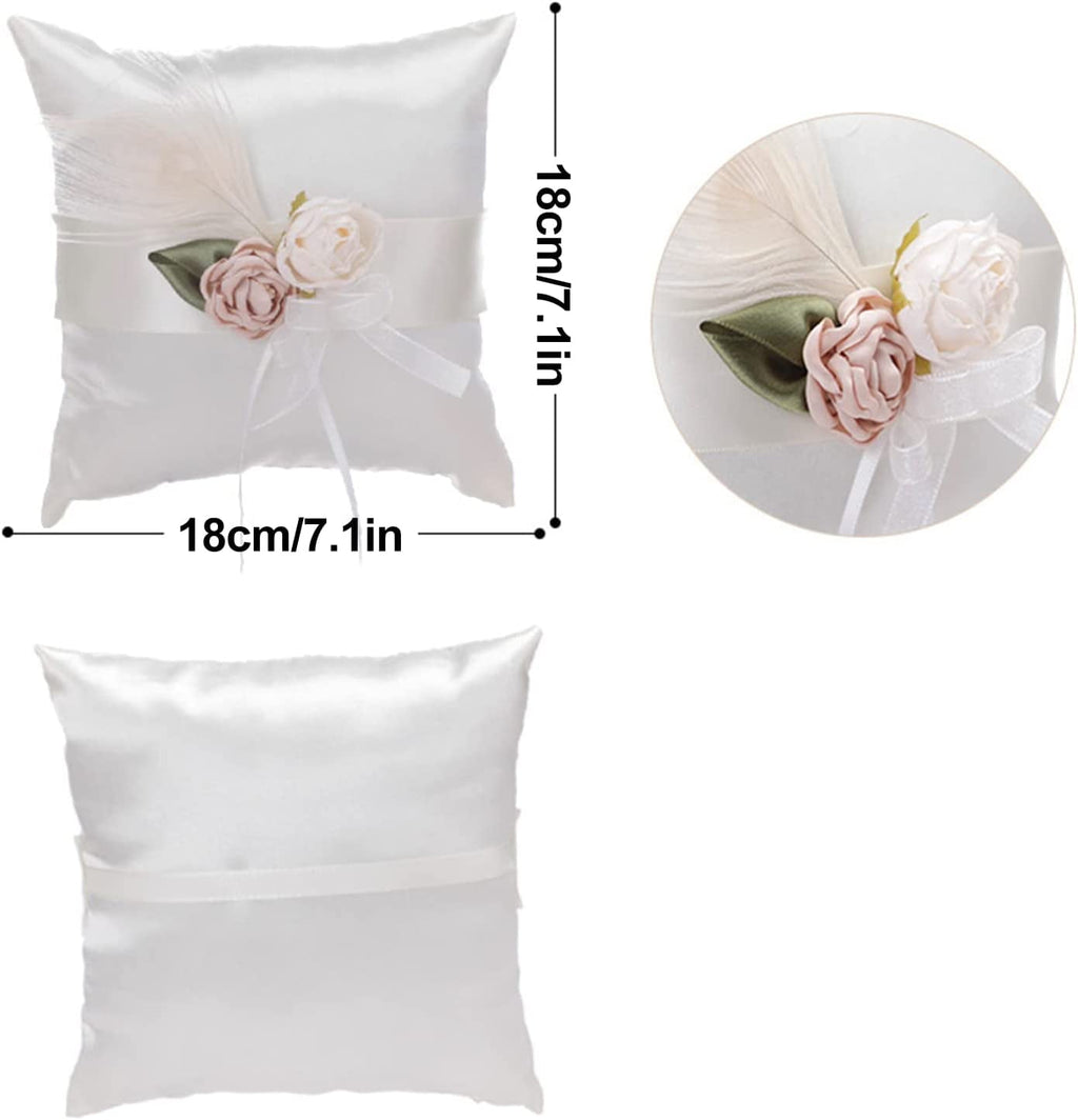 Ivory Satin Ring Bearer Pillow 7inch Wedding Ring Pillow Ribbon and Organza Flowers Decorated,for Engagement, Proposal, Wedding Banquet Ring Bearer Pillow