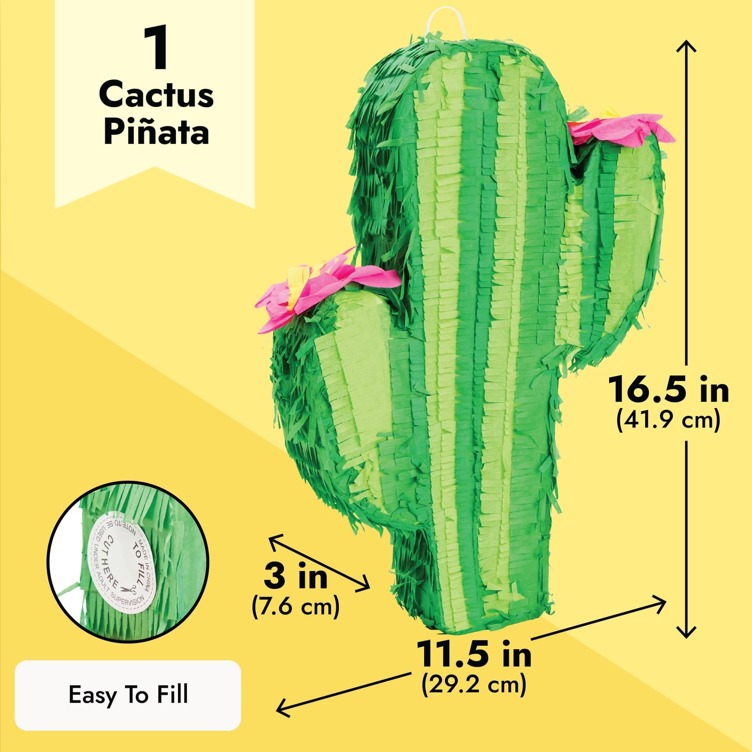Cactus Pinata for Kids Birthday, Baby Shower, Cinco de Mayo, Mexican Fiesta Party Decorations (Small, 16.5 x 11.5 x 3 In), For Ages 3+