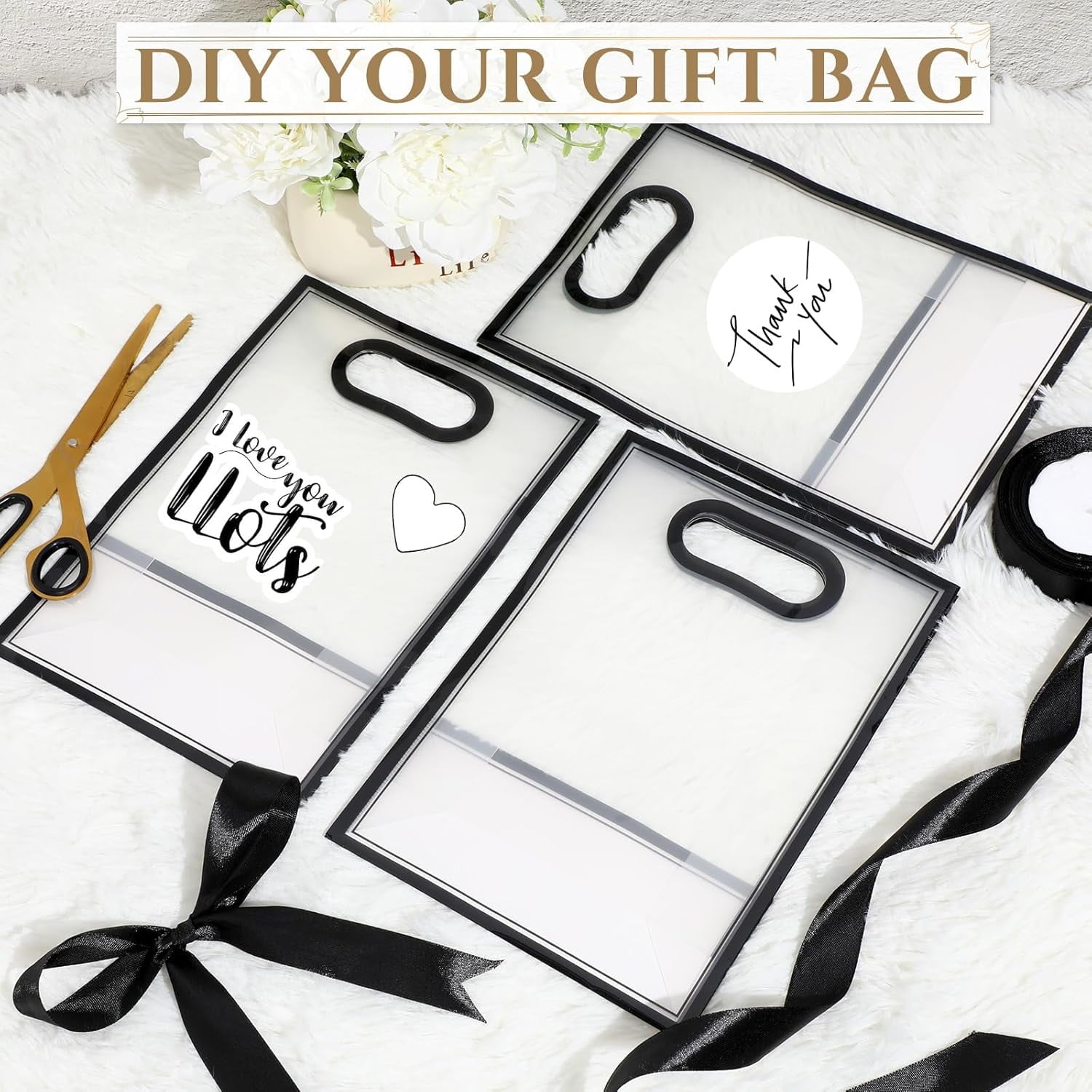 12 Pcs Clear Plastic Gift Bag with Die Cut Handles Reusable PP Favor Bag with Ribbon for Wedding Bridal Christmas Birthday Party Baby Shower Shopping Business, 7x10x3.15 Inch(Black)