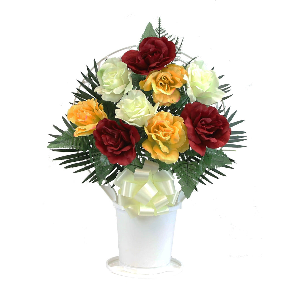 Memorial Large Rose Arrangement in Large, White Cemetery Hoop Basket with Handle - N/A Yellow, Red, White