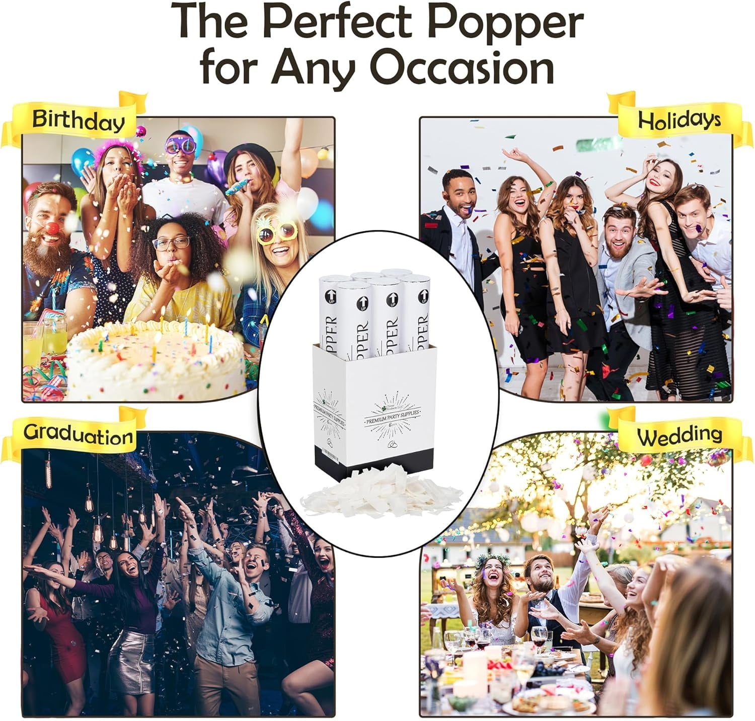 Clover Products Premium Wedding Confetti Cannon – (6 Pack) White Biodegradable Paper Confetti Popper | Launches Confetti 20 – 25 feet | Party Poppers