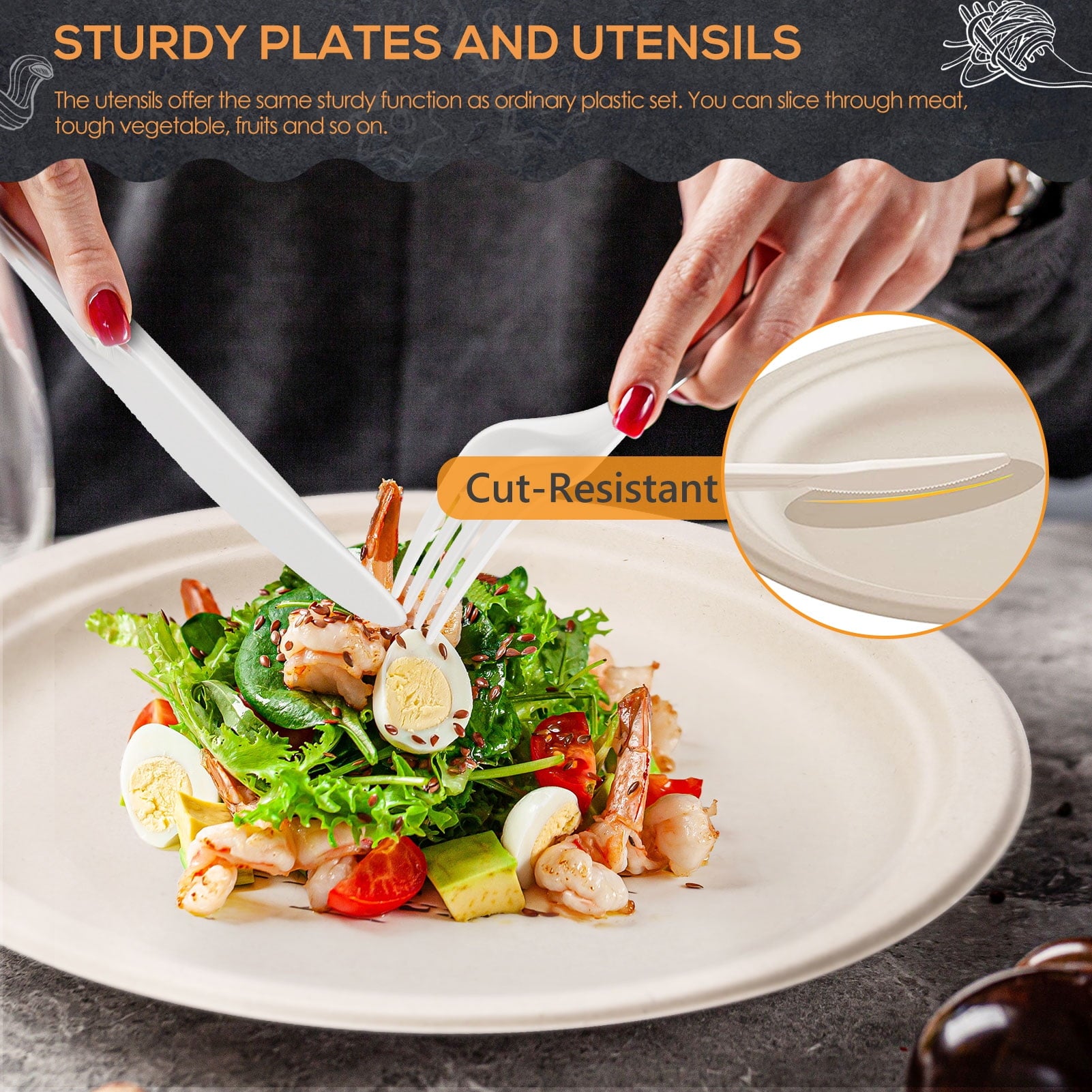 Gezond 250Pcs Disposable Paper Plates Set, Compostable Plate Sugarcane Utensils Eco Friendly Dinnerware Kit Includes 50 Biodegradable Plates, Forks, Knives and Spoons