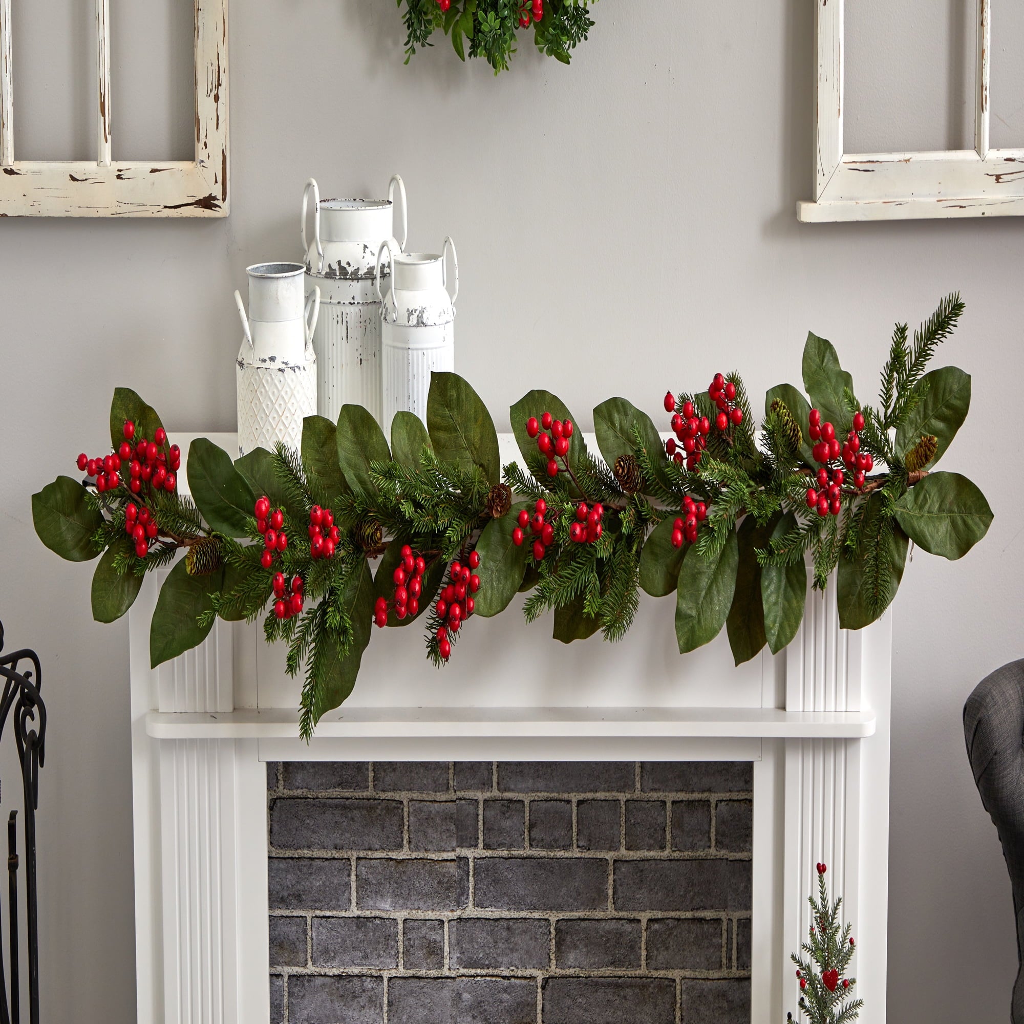 Nearly Natural 5' Christmas Magnolia Berry Pine Artificial Garland, Green