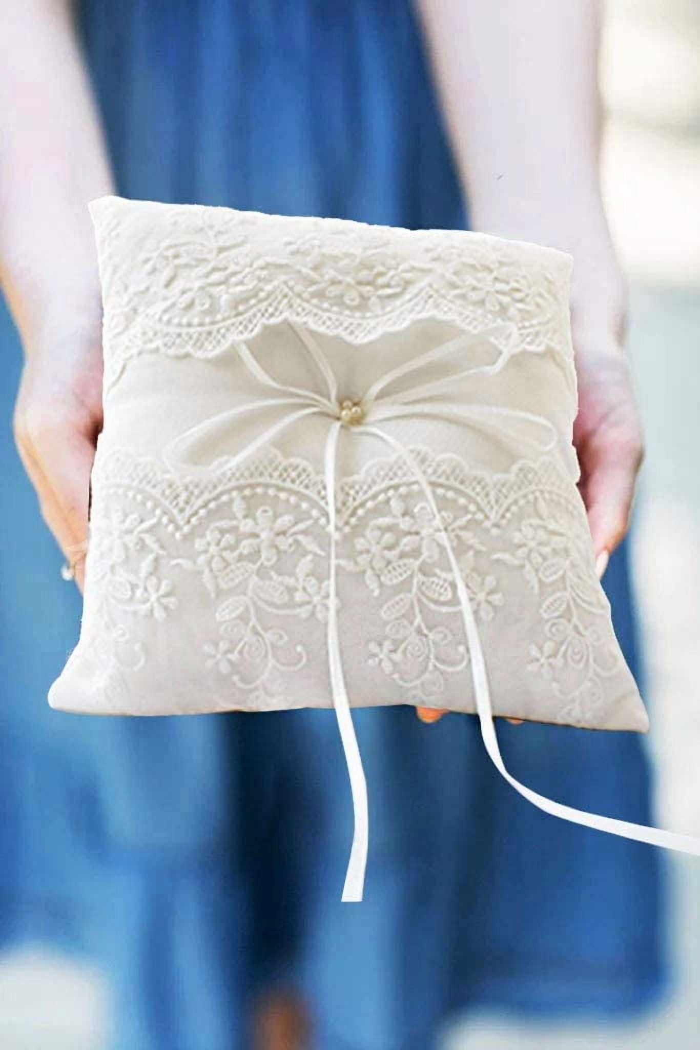 Lace Pearl Wedding Ring Pillow, Ivory Ring Bearer Cushion for Bride Groom Ceremony, Matte Satin with Back Holder Ribbon, White