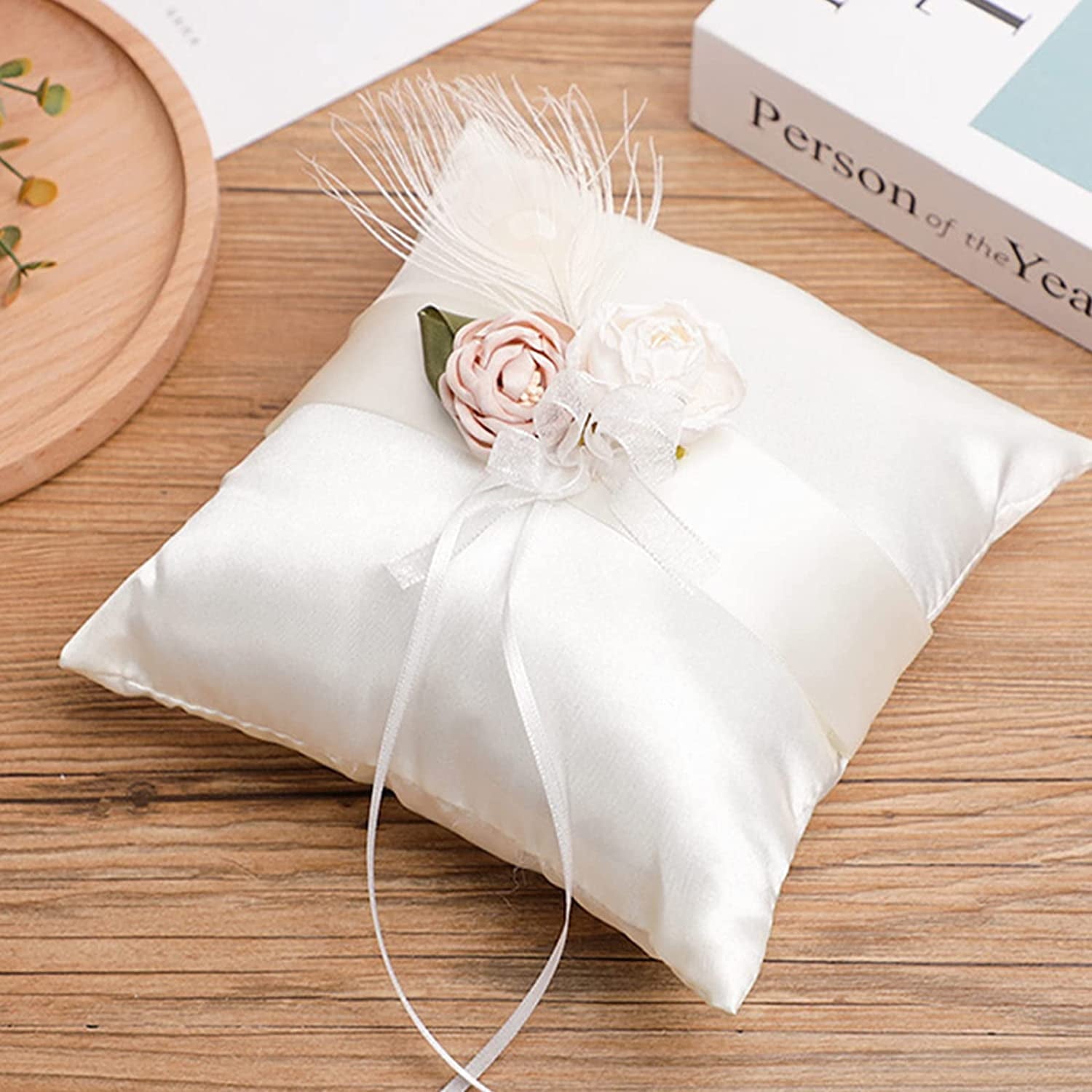 Ivory Satin Ring Bearer Pillow 7inch Wedding Ring Pillow Ribbon and Organza Flowers Decorated,for Engagement, Proposal, Wedding Banquet Ring Bearer Pillow