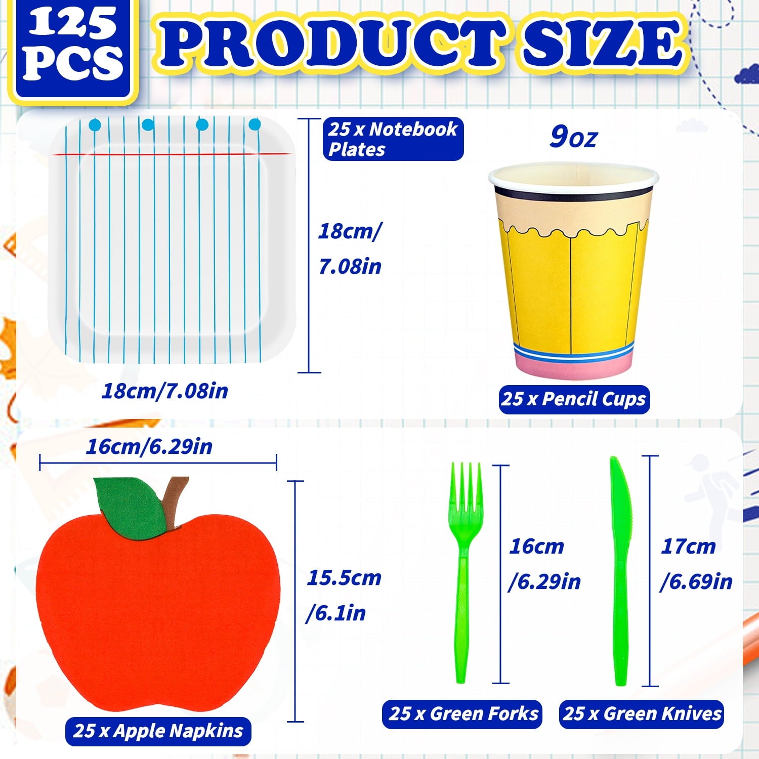 125Pcs Back to School Decorations Notebook Paper Plates Apple Napkins First Day of School Party Supplies Disposable Dinnerware Set for Preschool Kindergarten Teacher Party (Serves 25 Guests)