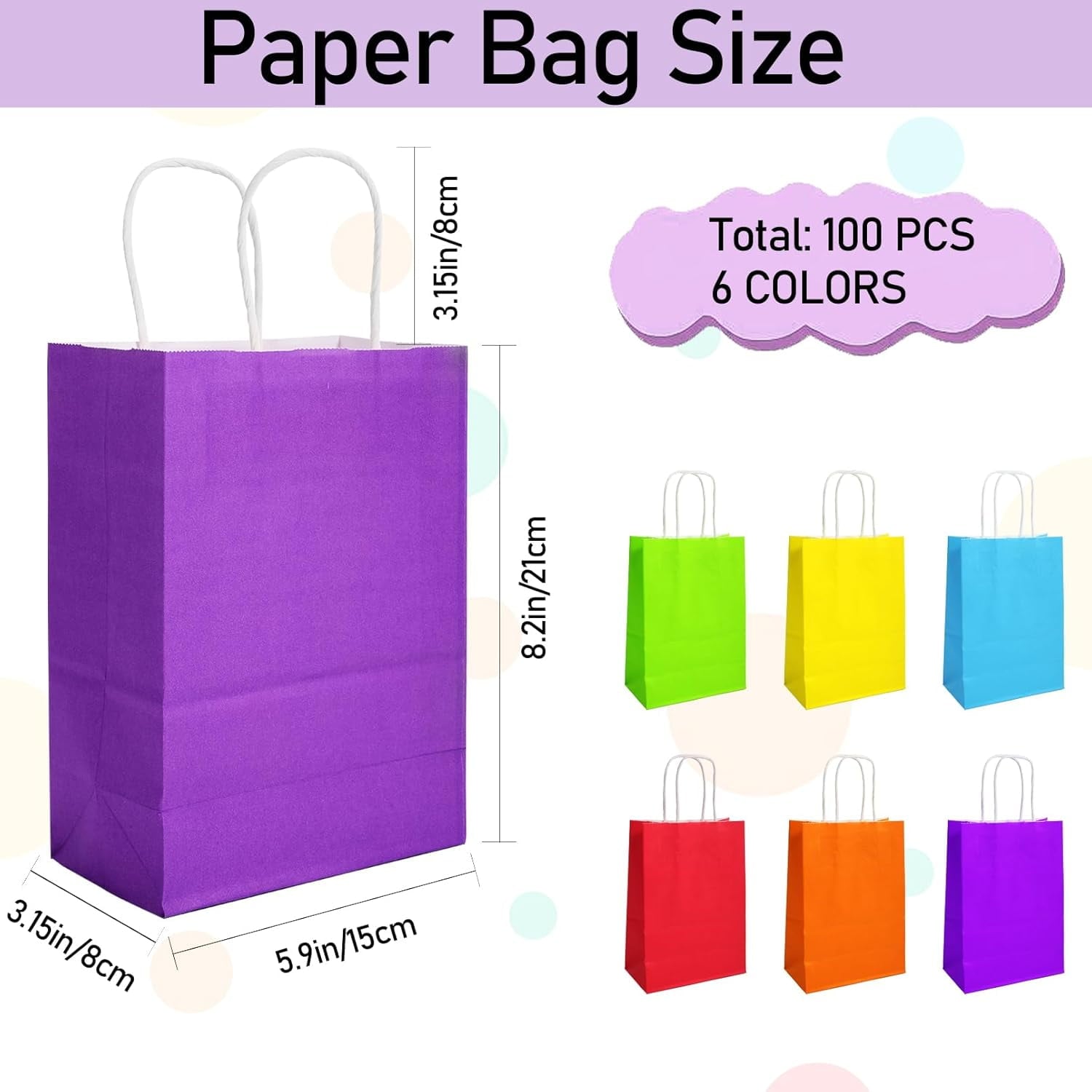 Dyrfolm 100 Pack Paper Gift Bags, Kraft Paper Party Favor Bags with Handles, Assorted Colors Gift bags with Handles, Small Goodie Bags for Kids Birthday Wedding Parties (6 Colors, 5.9"3.15"8.2")