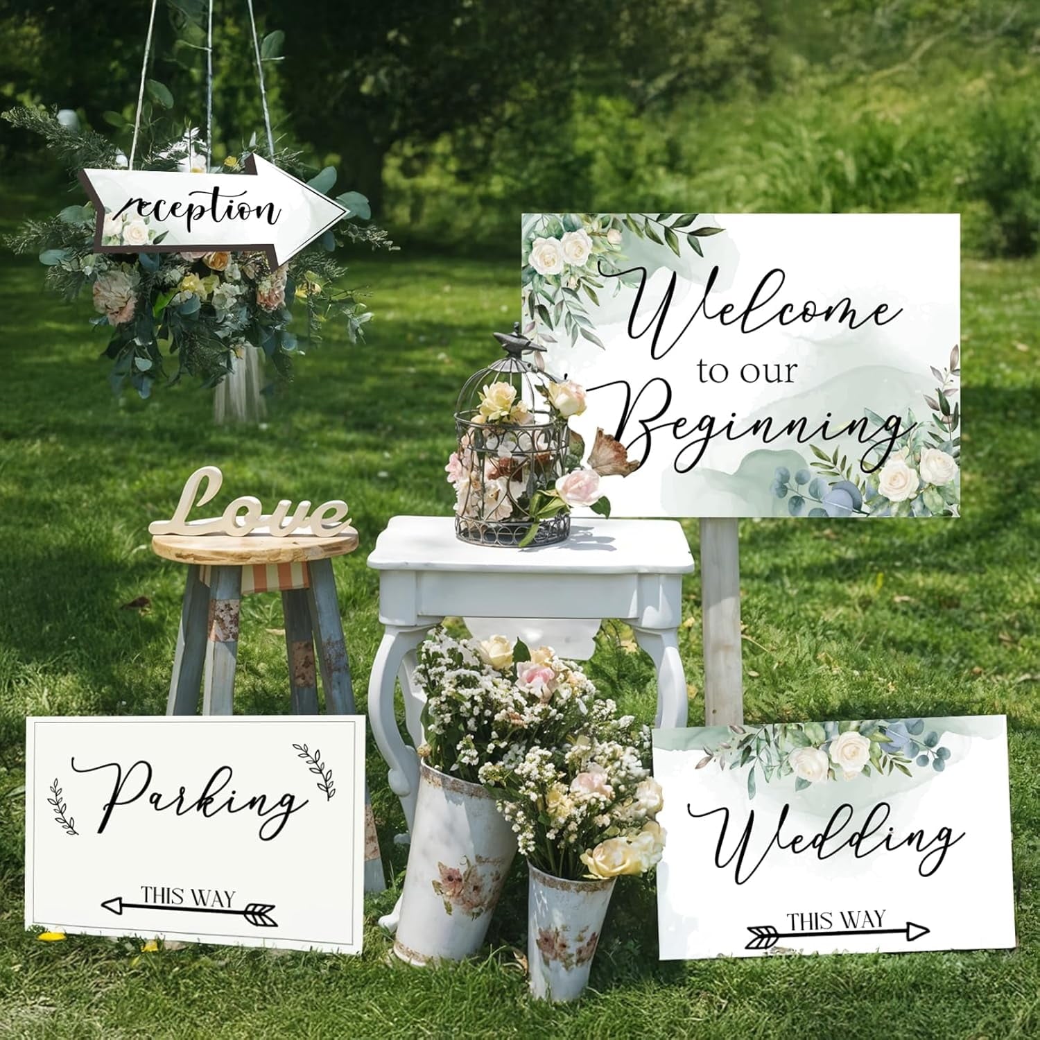 11Pcs Wedding Direction Arrow Signs, Welcome to Our Beginning Sign with H-Stakes 17×25 In, Double Sided Printed This Way Directional Ceremony Reception Parking Signs for Lawn/Yard Decorations White