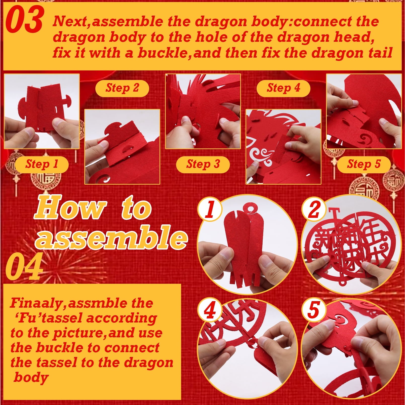 Bealkimm  Chinese New Year Dragon, 2PCS 3D Chinese New Year Dragon Ceiling Decorations and 2PCS Chinese Lanterns for Chinese New Year Decorations 2024