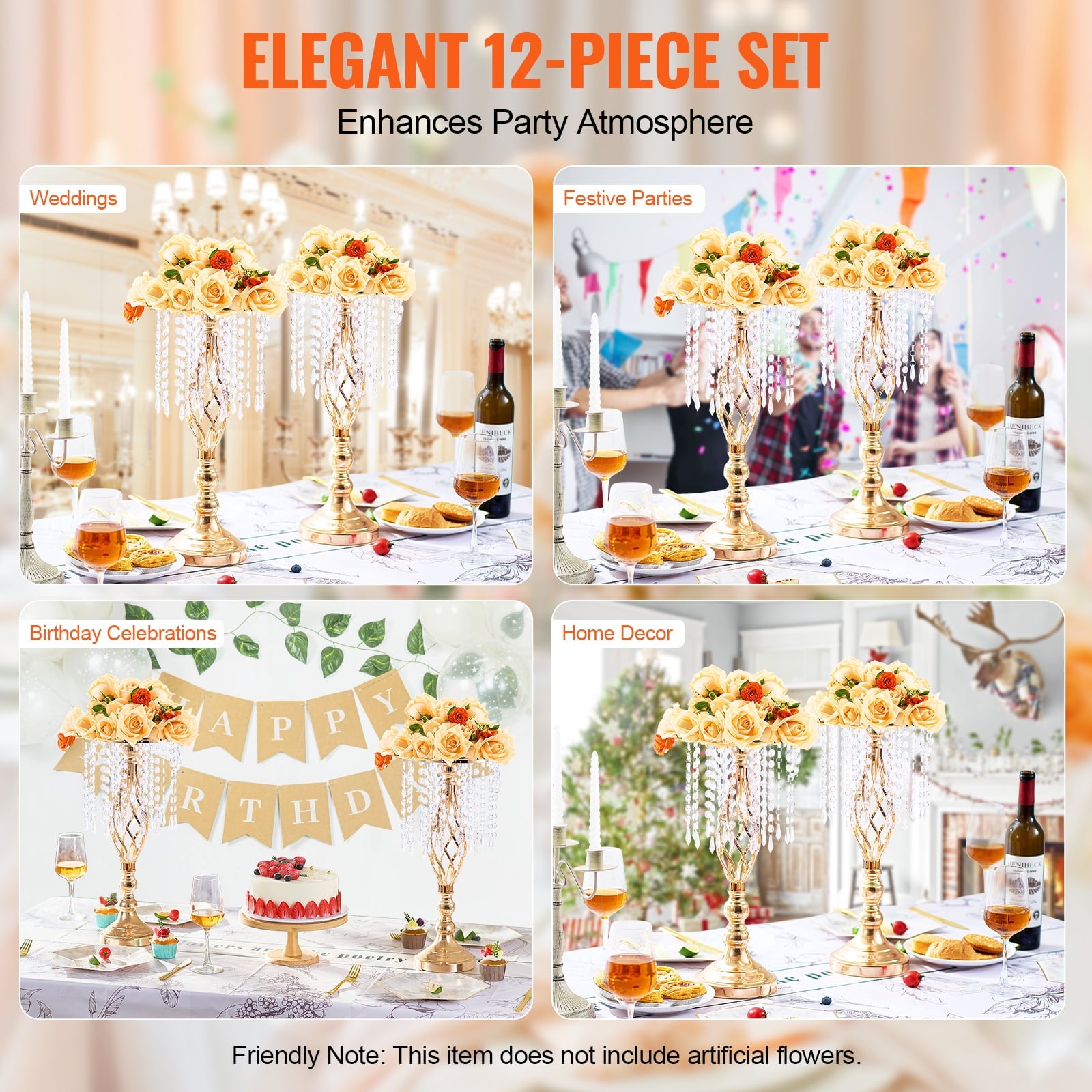 KFFKFF 12-Piece Set, 49cm/19.3” Height, Crystal Floral Stands, Gold Metal Centerpiece Vases, Ideal for Tabletops at Weddings, Dinners, Parties, Ceremonies, and Birthday Celebrations