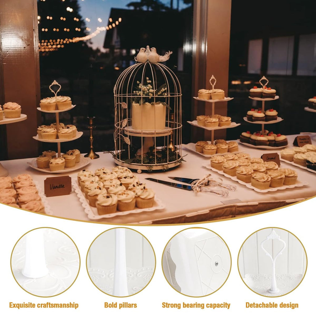 YMWVH 10-Piece White Plastic Cake Stand Set - 4 Tiered Cupcake Displays (3-Layer) & 6 Dessert Trays, Dessert Table Serving Racks for Weddings, Birthdays, Baby Showers & Tea Parties