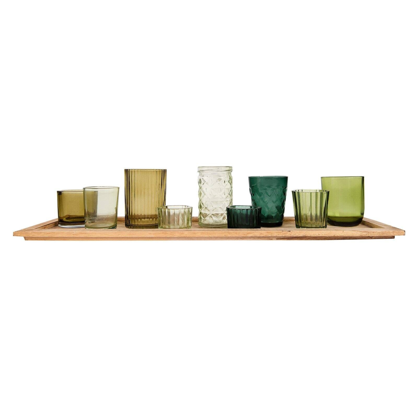Desert Fields 9-Candle Brown Wood Tray with Glass Votive Candle Holders, Set of 10