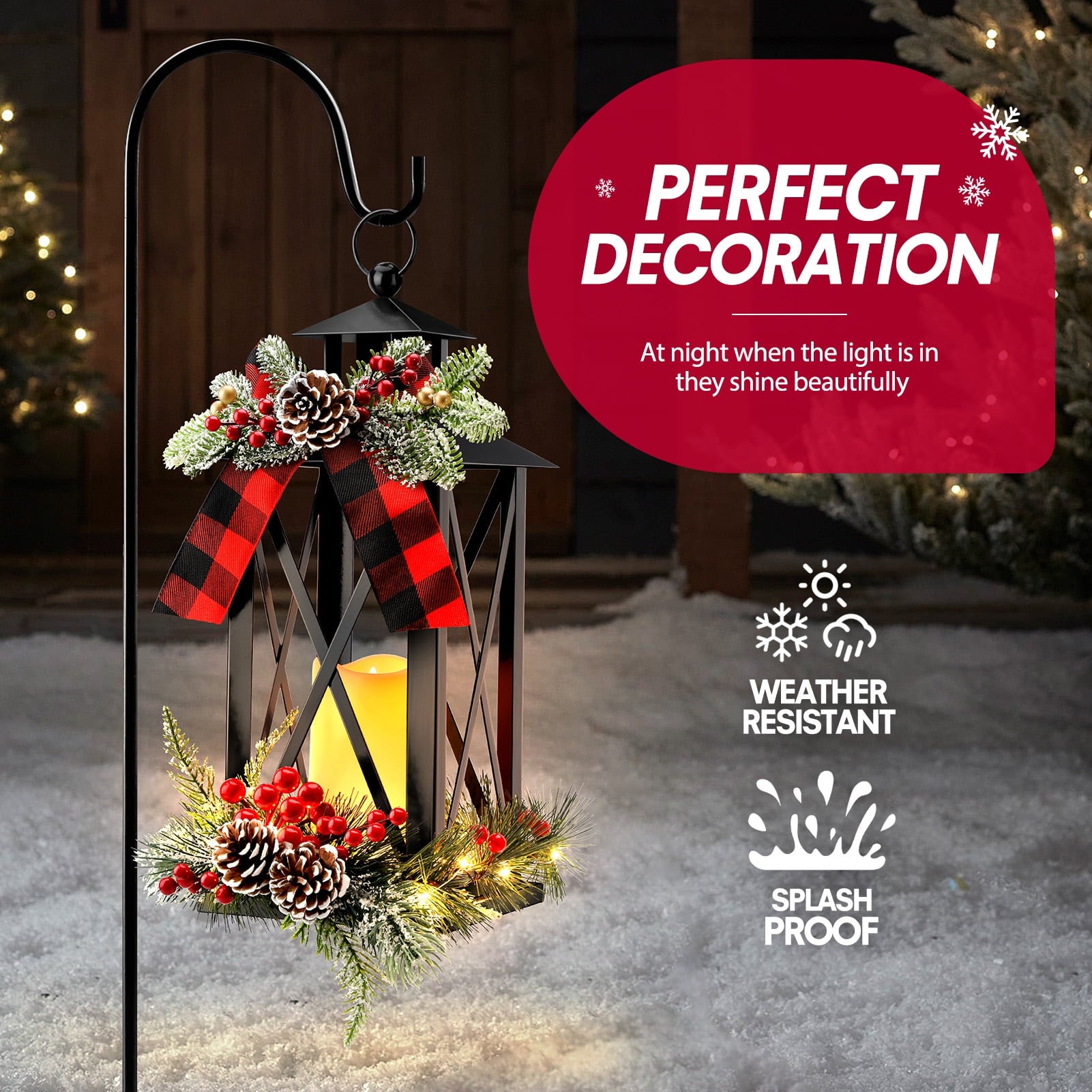 Ayieyill 15" Tall Christmas Lanterns Indoor Outdoor with LED and Ribbon, Hanging Christmas Decortions Candle Lanterns | Black