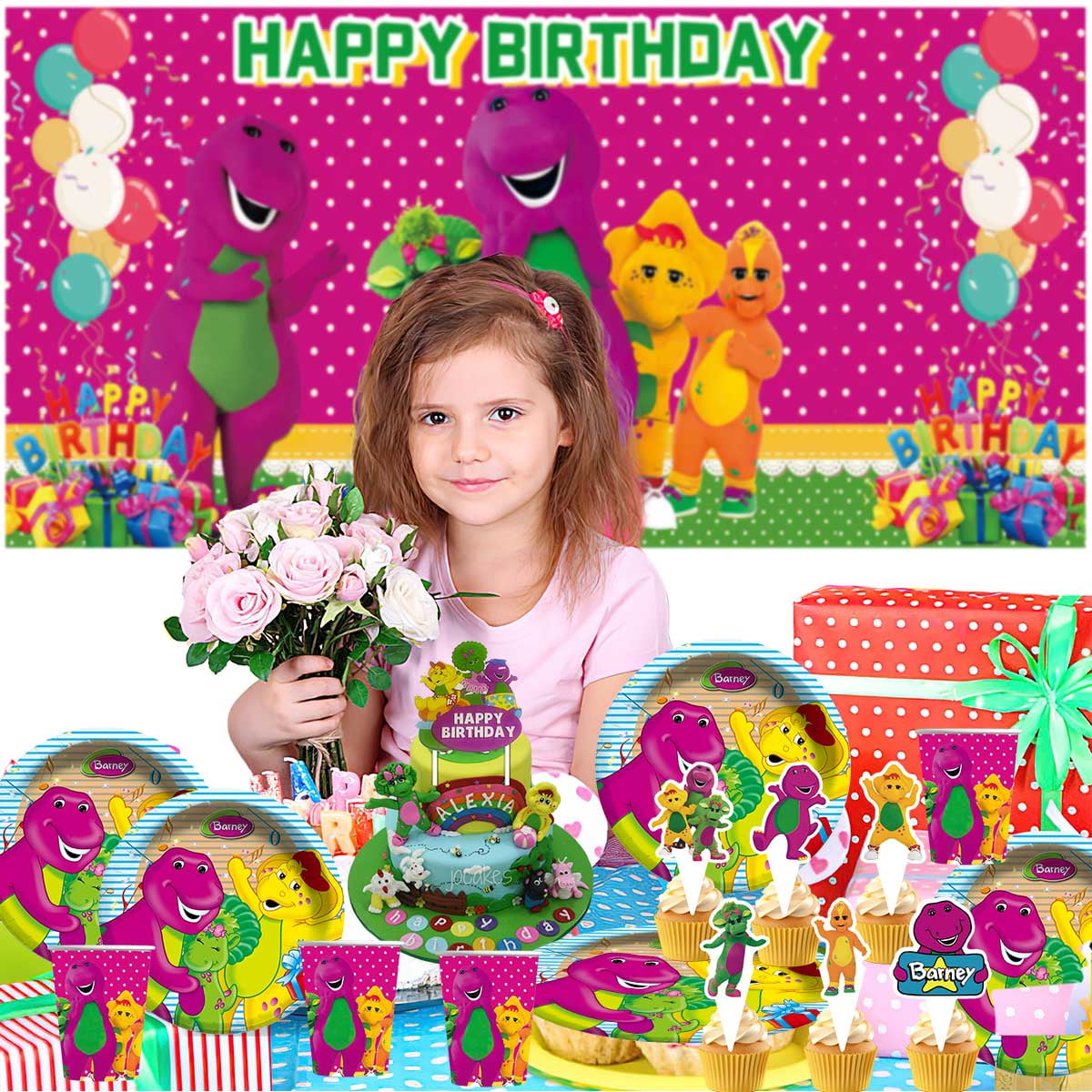 Barney and Friends Birthday Party Supplies Balloons Plates Decoration Cake Topper Decor Tableware Banner Backdrop