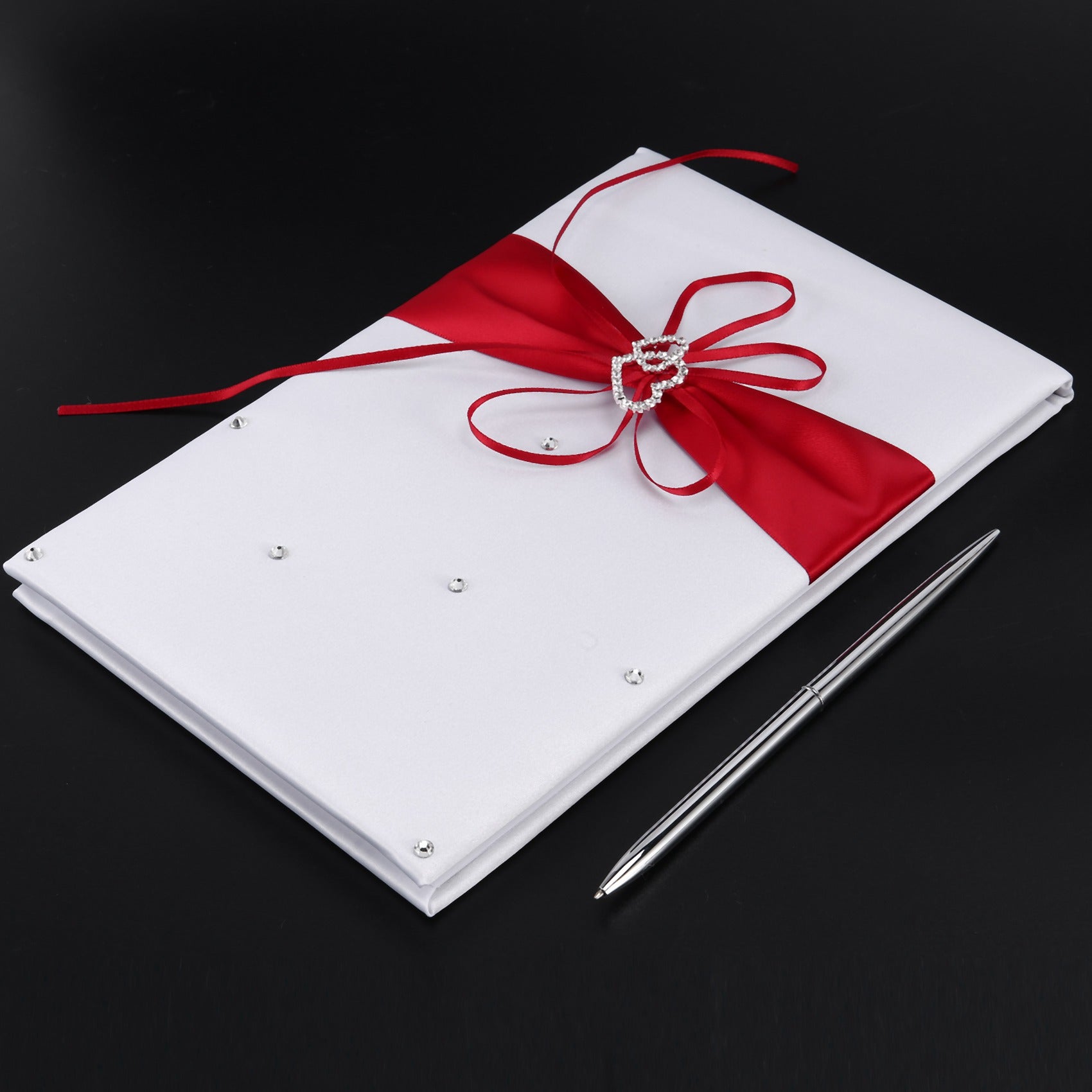 Wedding Guest Book With Pen Holder Sets Satin Bows Signature Book With Diamonds Love Shape For Decorations-Red+White