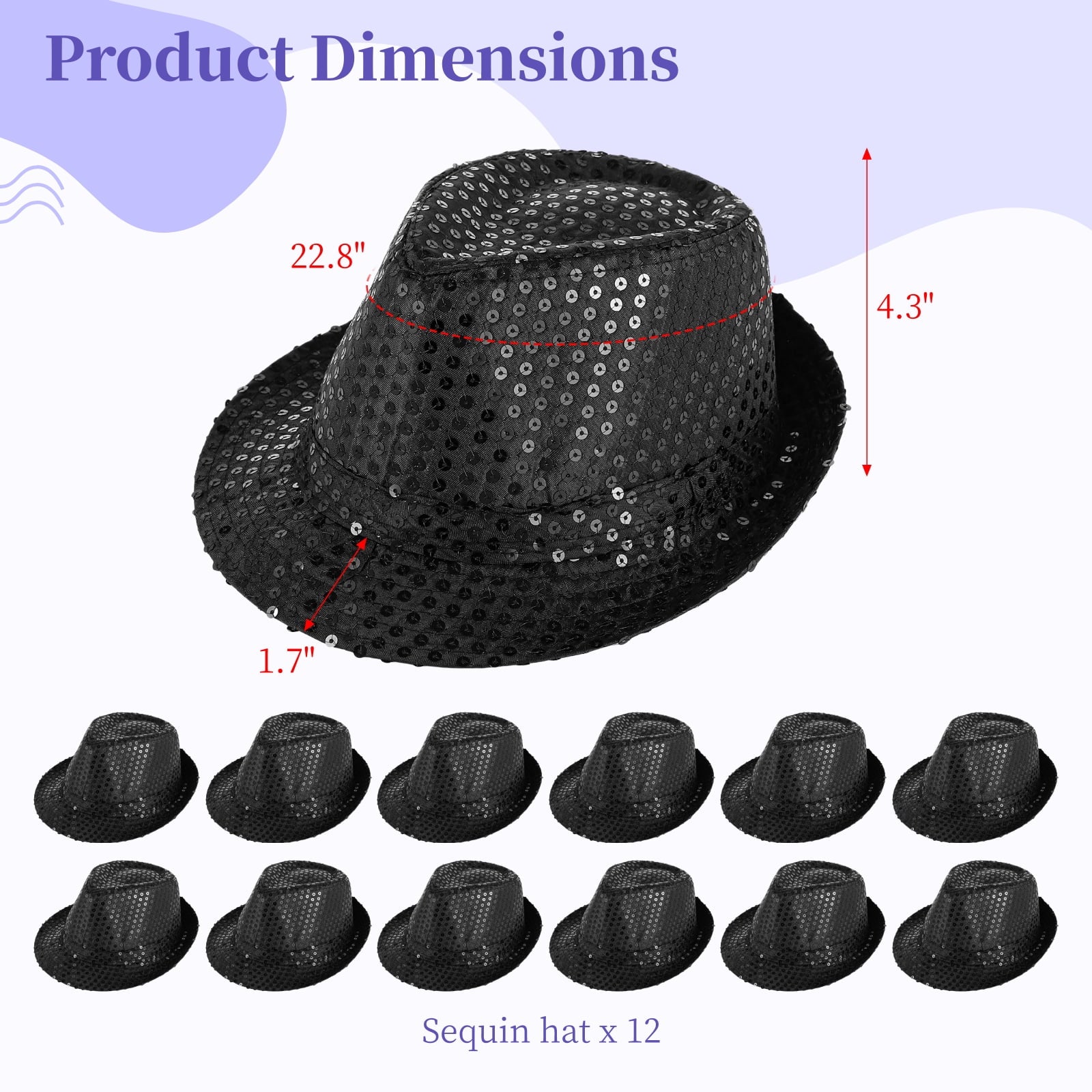 12 Pack Adult Sequin Party Hats - Black Glitter Dance Hats, Disco Glitter Cowboy Hats for Women Men, Sparkly Western Dance Caps, 70s Theme Costume Accessories