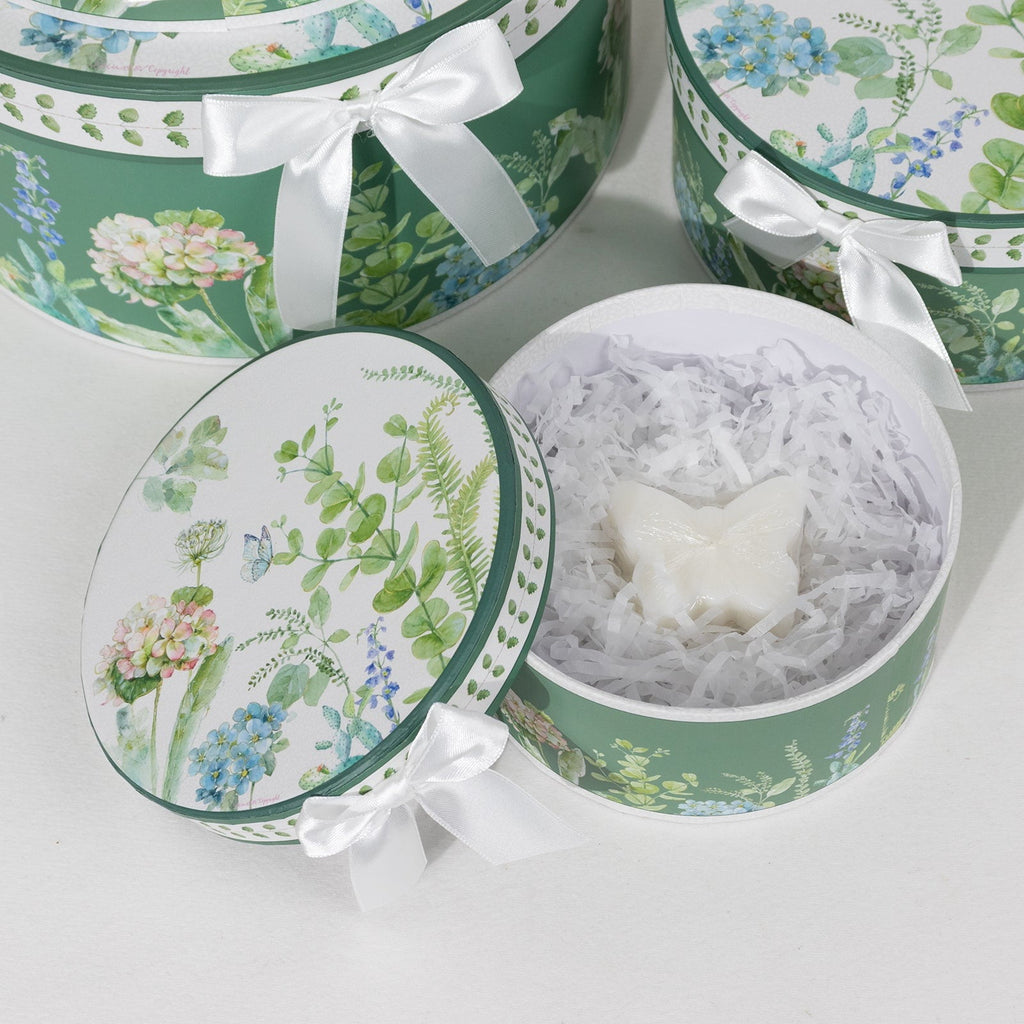 BalsaCircle Set of 4 Round Green Floral Nesting Cardstock Gift Boxes with Lids Party Accessories