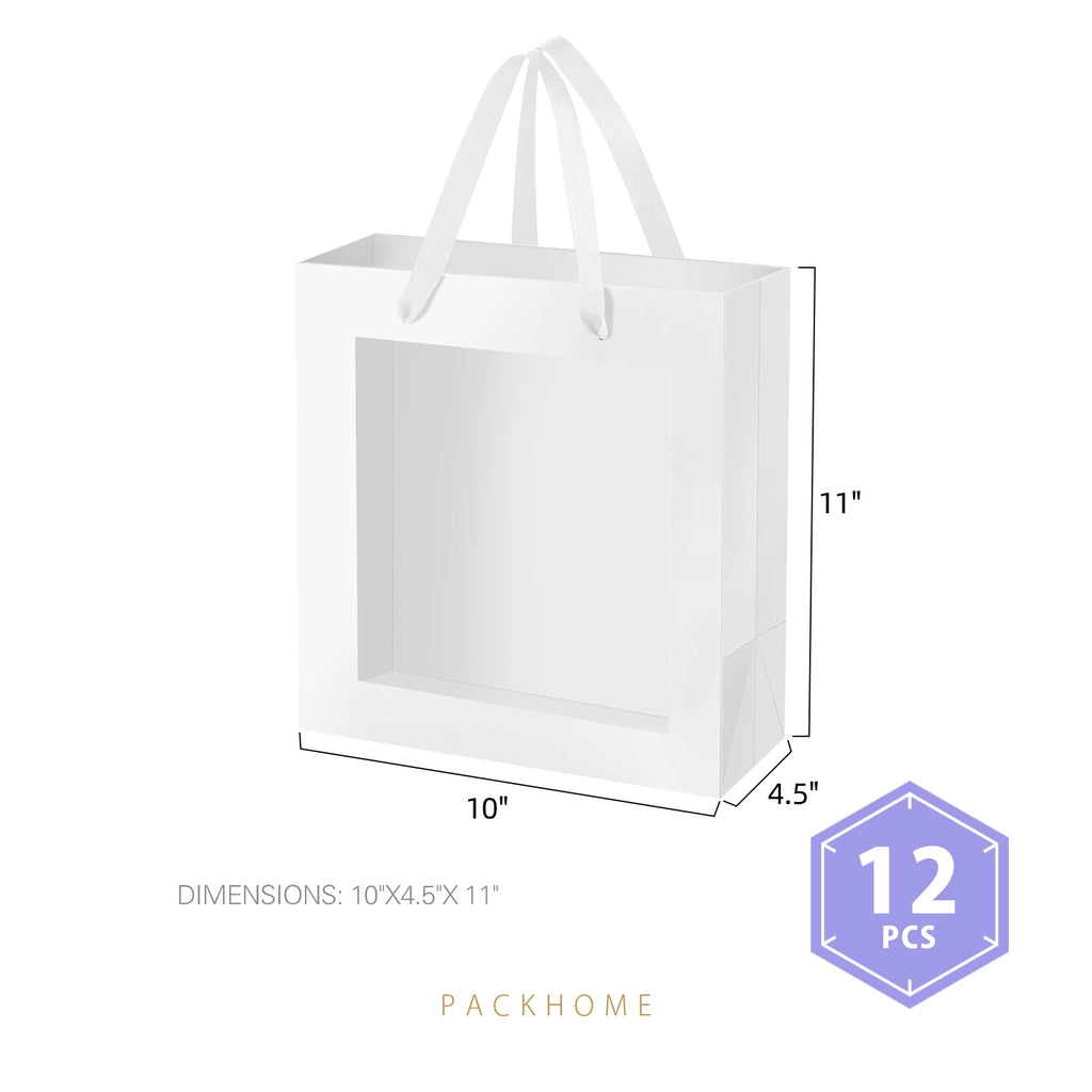 PACKHOME 12pcs White Gift Bags with Window, 10x4.5x11 inches Gift Bags with Handles for Valentine