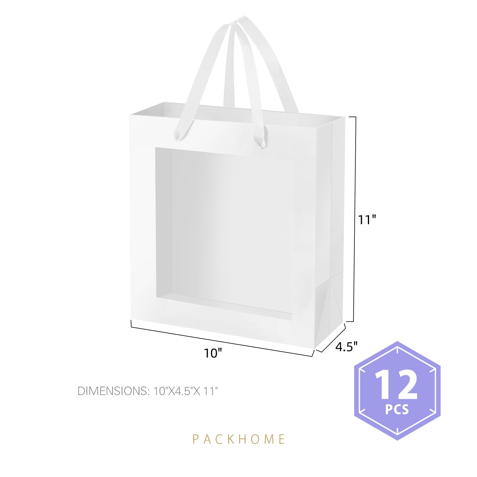 PACKHOME 12pcs White Gift Bags with Window, 10x4.5x11 inches Gift Bags with Handles for Valentine