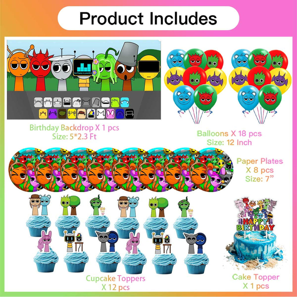Incredibox Sprunki Party Supplies Decorations Paper Plates Tableware Balloons Birthday Decor Cake Topper Fans Banner Backdrop