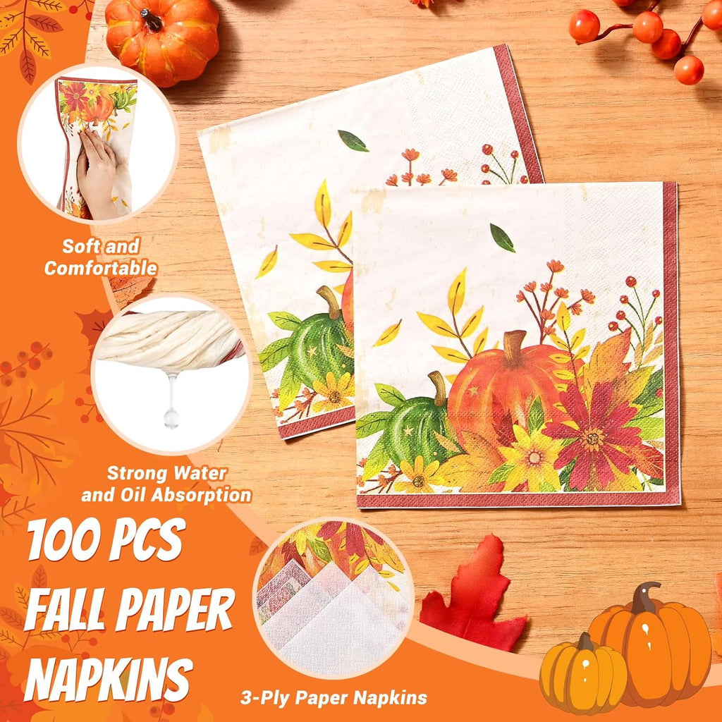 Waipfaru 200 Pcs Fall Paper Plates and Napkins Set, Serves 50,Heavy Duty Disposable Dinnerware for Harvest Thanksgiving Party Supplies