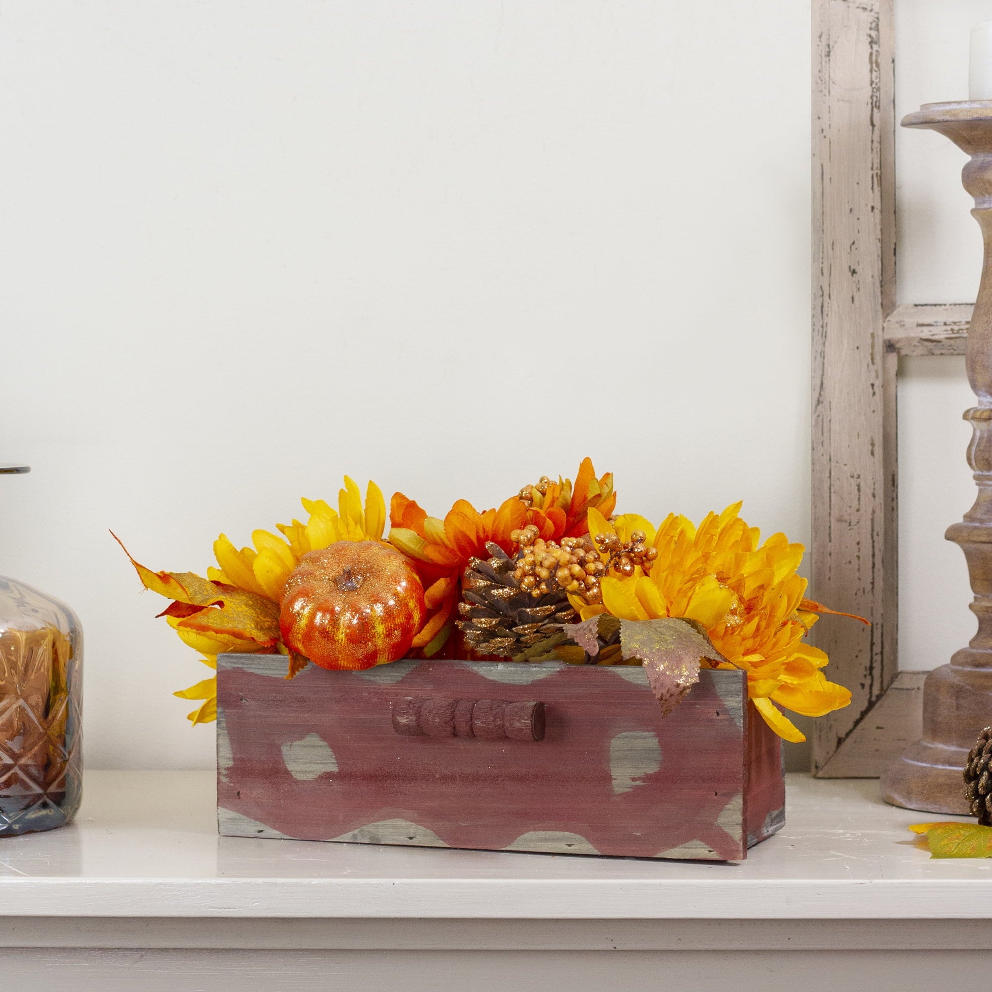 Northlight Autumn Harvest Glitter Floral Arrangement in Rustic Wooden Box Centerpiece - 14"