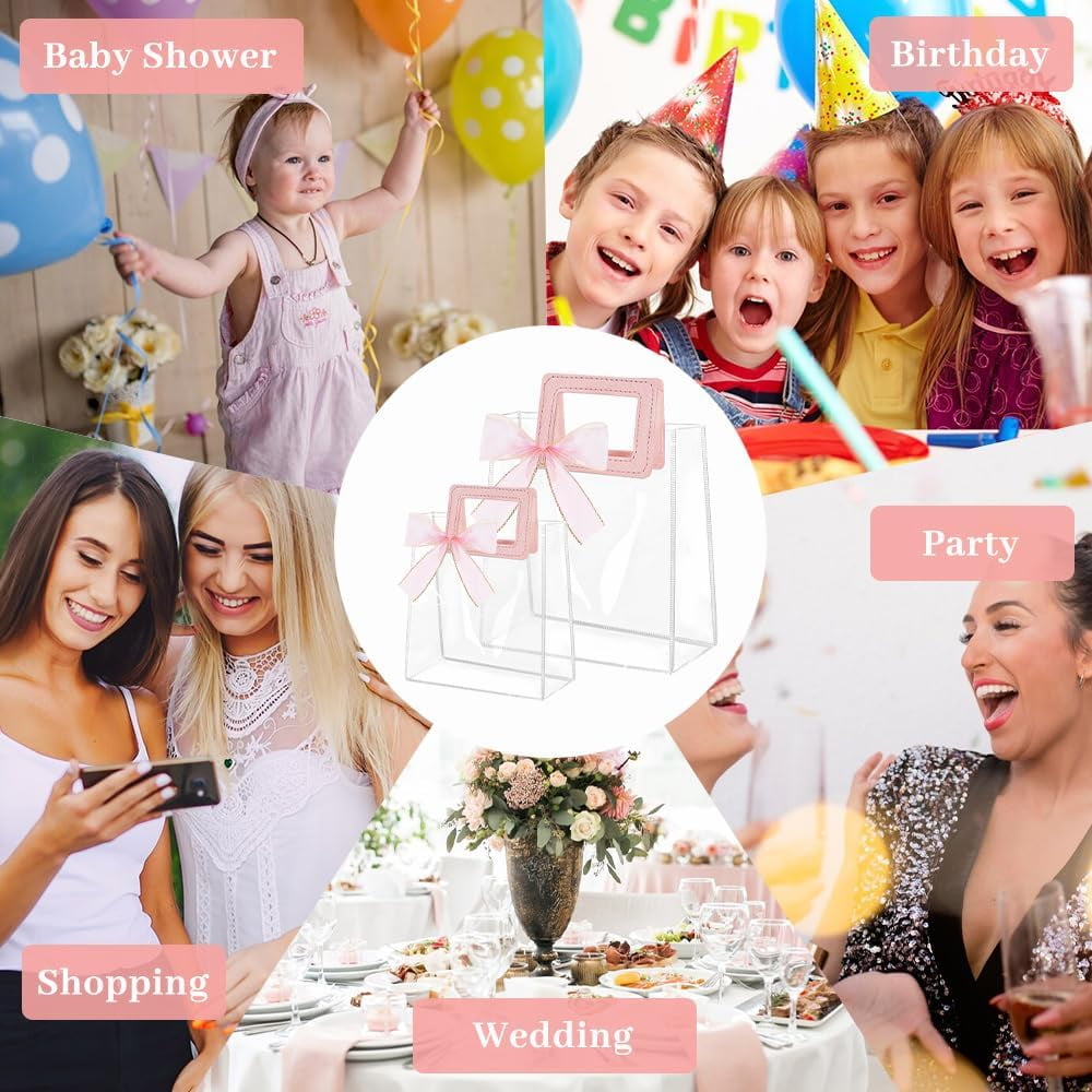 24 Pcs Clear Gift Bags with Handles, Transparent PVC Gift Bag with Ribbon, Reusable Plastic Shopping Bags, Heavy Duty Gift Wrap Bags for Bridal Party Baby Shower Wedding Birthday (10x11x6In-Large)
