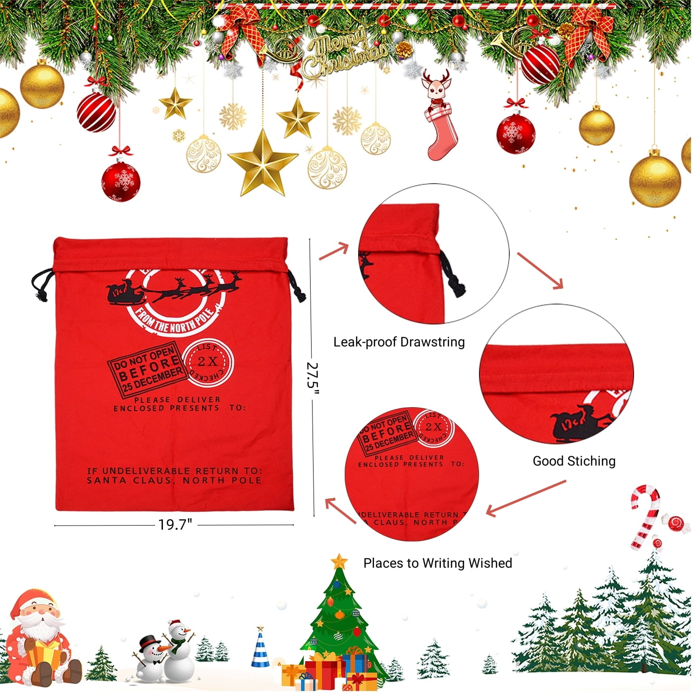 Christmas Bags Gift Sacks Drawstring Large Reusable Burlap Xmas Santa Sacks Gift Bags for Package Storage Party Supplies 3-Pack Design1