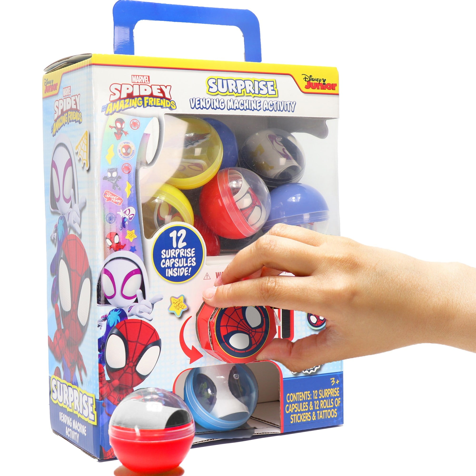 Tara Toy: Surprise Vending Machine: Spidey & His Amazing Friends - 12 Capsules, Sticker & Tattoo Rolls, Puffy & Metallic, Glow-In-The Dark, Kids 3+