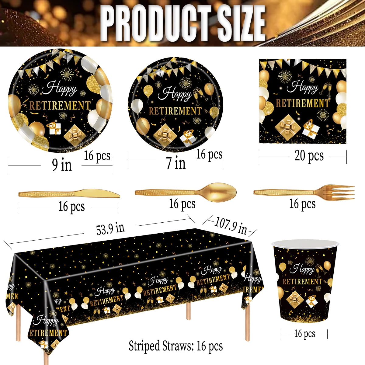 Retirement Paper Plates and Napkins Disposable Dinnerware Retirement Party Supplies Retirement Tableware Set for 16 guests Black Gold