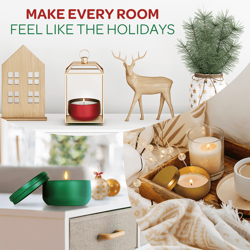 Hearts & Crafts Holiday Tin Candle Jars for Making Candles - Candle Tins 8oz - 24 Holiday Christmas Tin Candle Jars with Lids for Candle Making - Red, Green, Gold