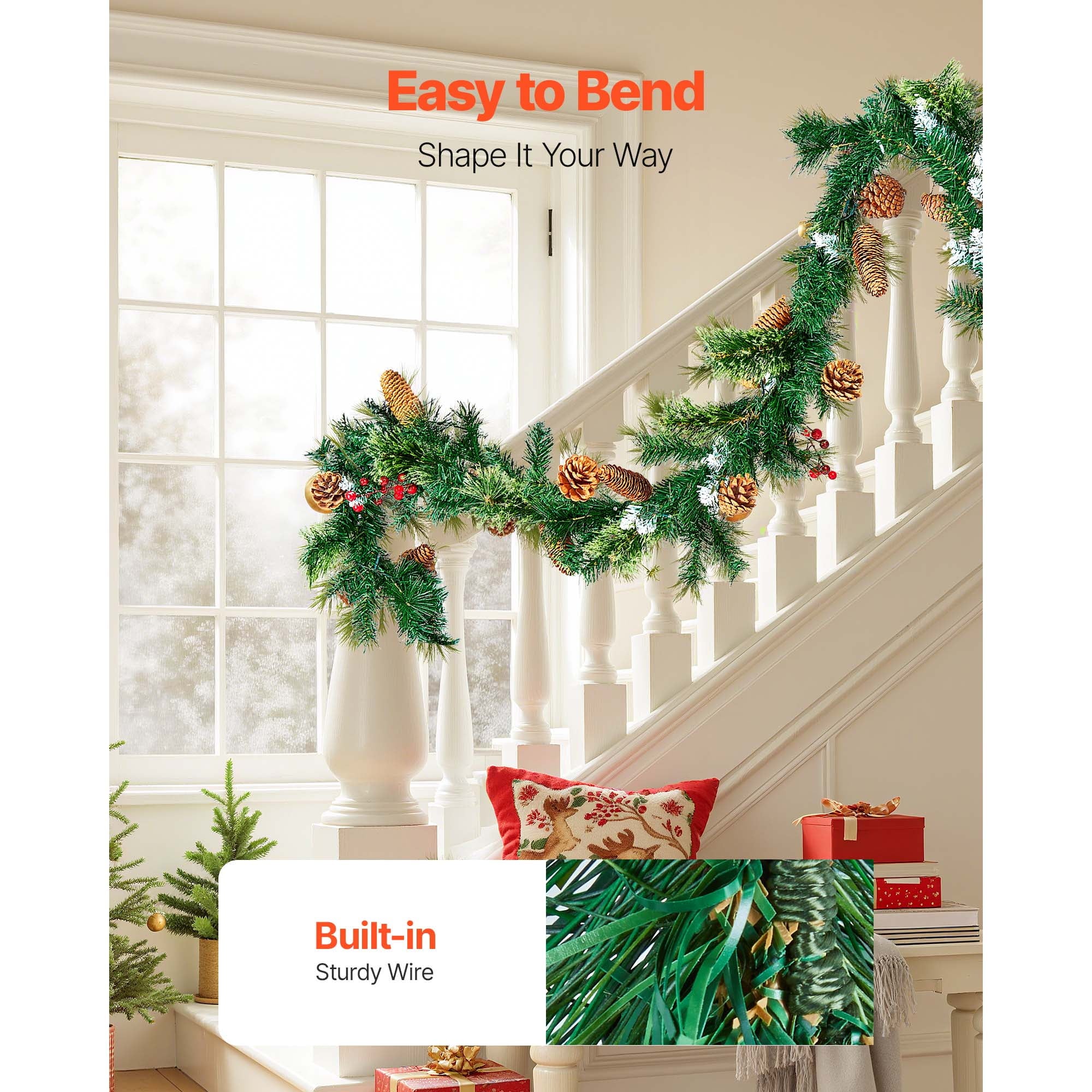 KFFKFF 9-Ft Artificial Christmas Garland with Lights, Festive Greenery Decoration Featuring Berries, Pine Needles, and Cones, Realistic Holiday Accent for Mantels and Fireplaces