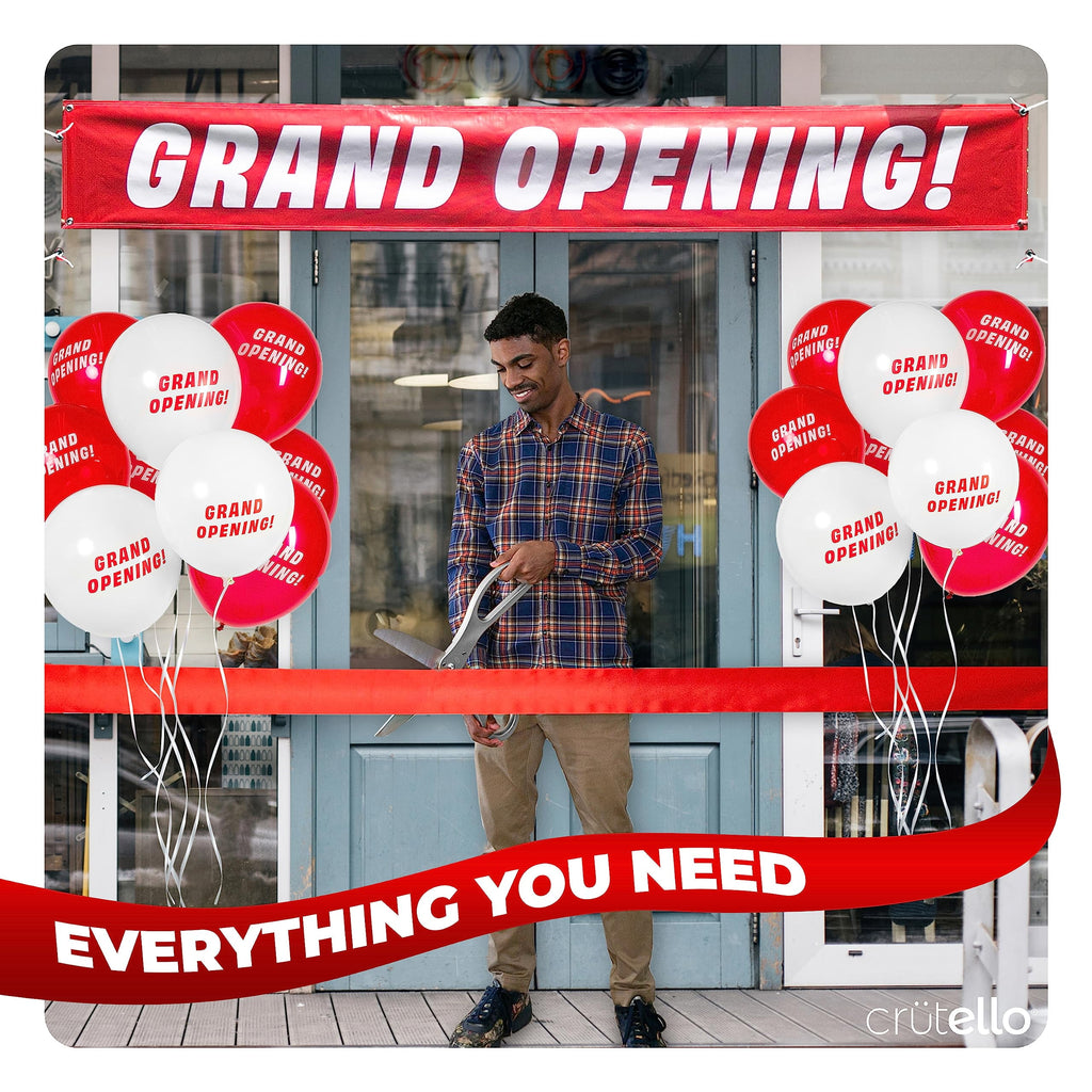 Crutello Ribbon Cutting Ceremony Kit - 21" Giant Red Scissors with Grand Opening Banner and 30 Foot Large Red Ribbon 4" Wide, 20 Balloons, 90 ft Balloon and 20 Feet Banner Rope for Decorations