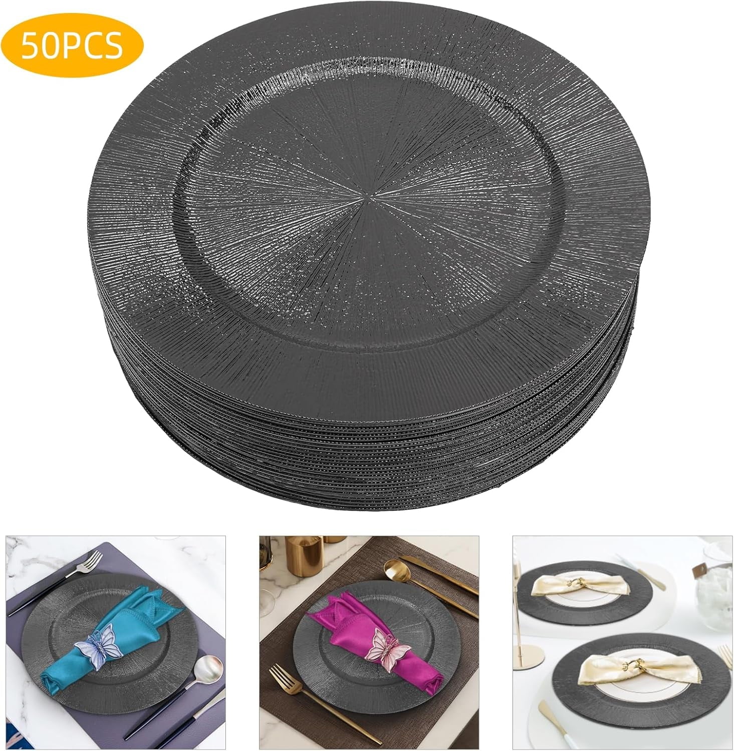 50 PCS Round Charger Plates - 12.99-Inch Reusable Serving Plates,for Dinner, Wedding, Party, and Event Table Settings Decorative Dinner Plates Set (Black)