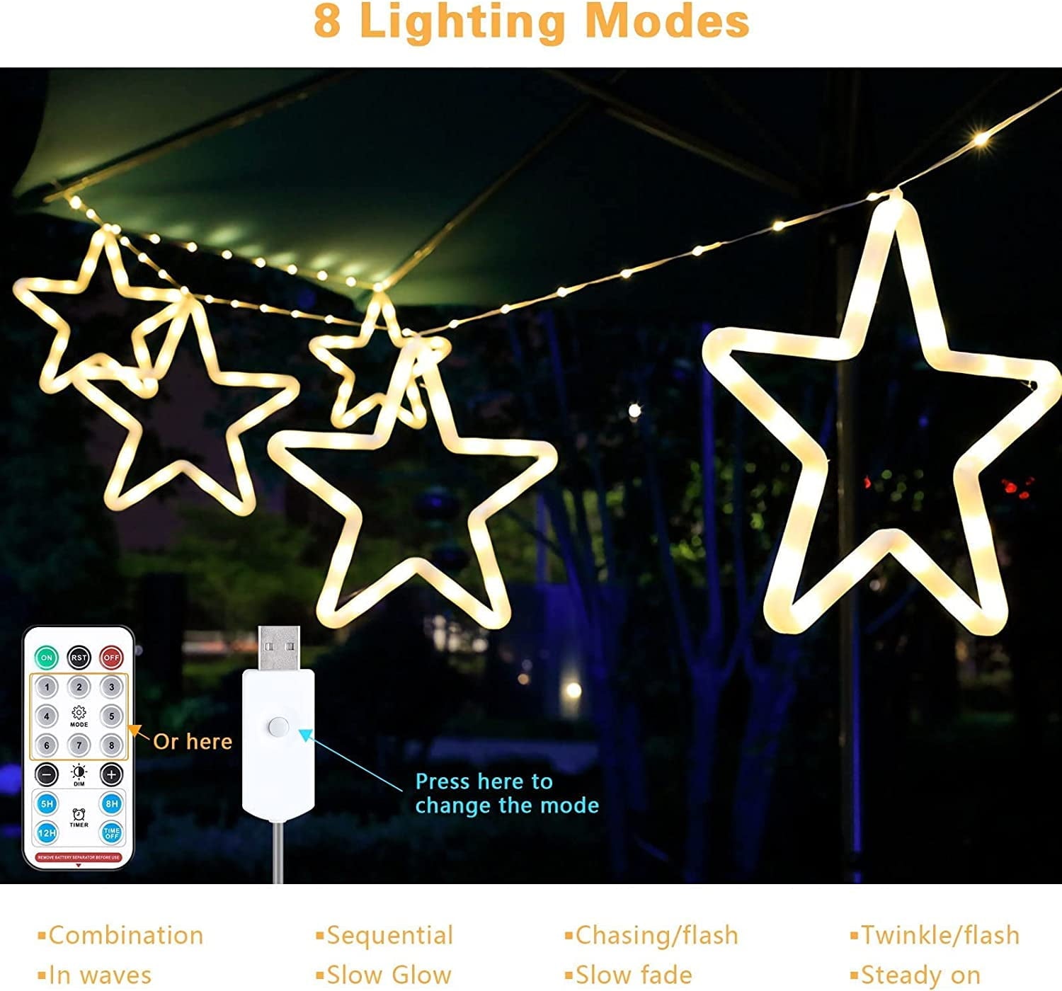 5 Star 11.8" String Light, 150 LED Lights with Remote 8 Lighting Mode, Warm White