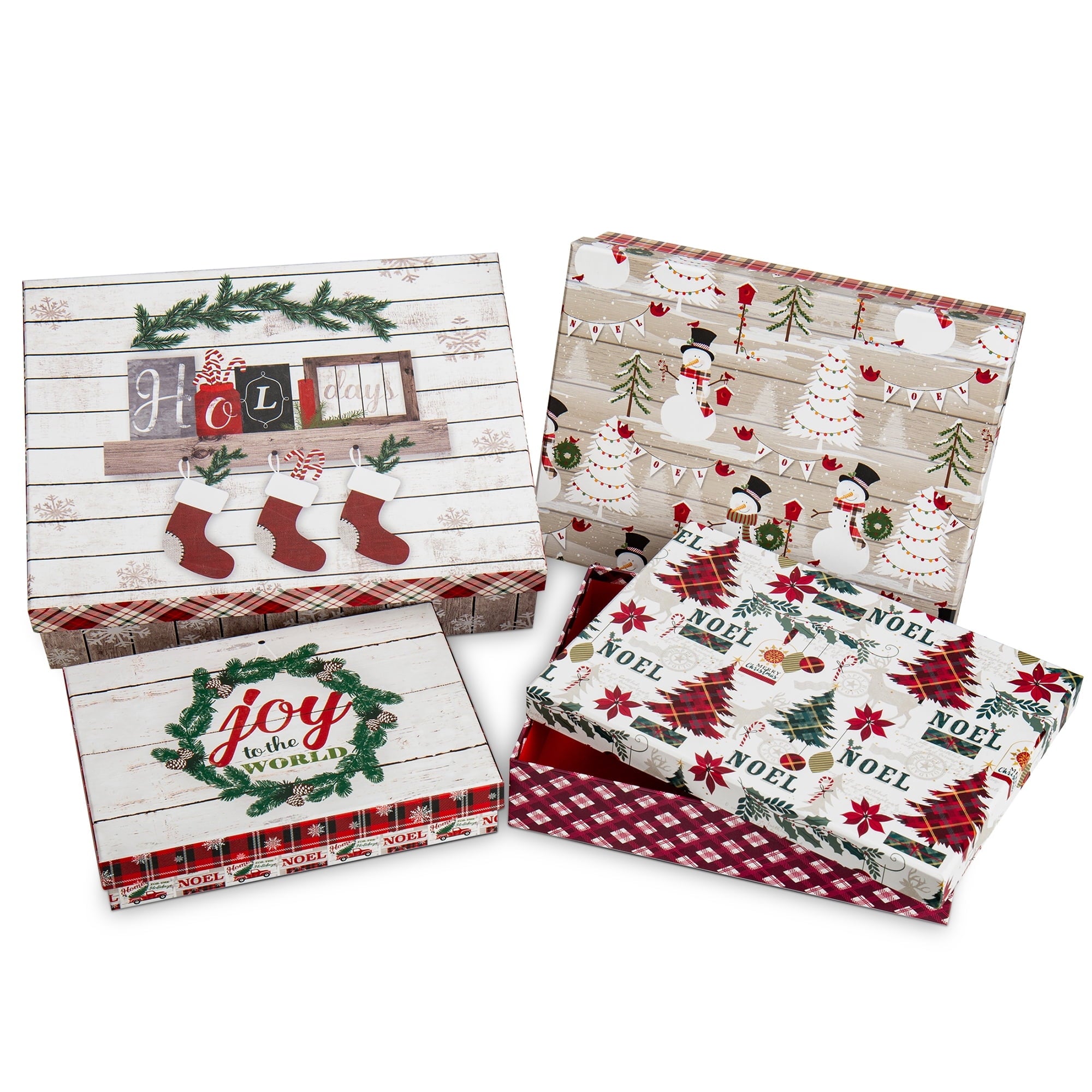 4 Pack Christmas Gift Boxes with Lids Nesting Square Box Set in Bows Decor Designs for Christmas Holiday Birthday Wedding Present