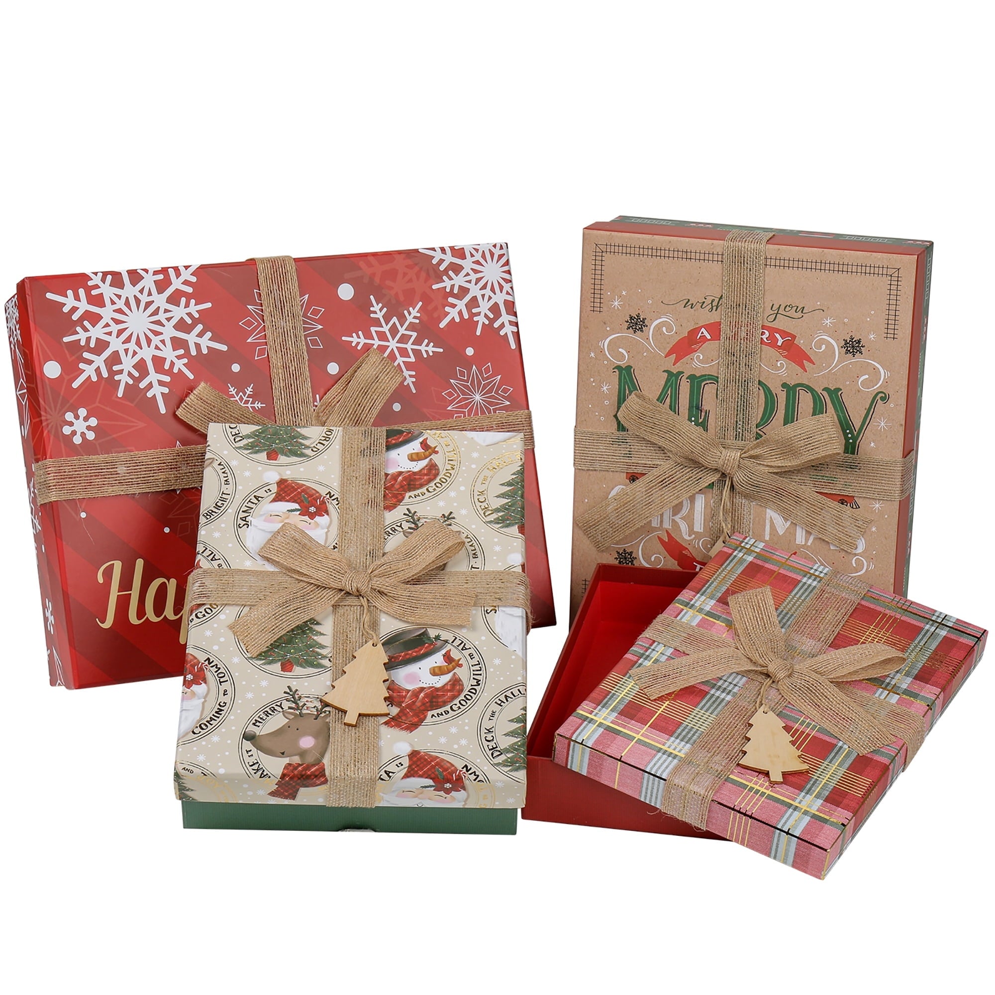 4 Pack Christmas Gift Boxes with Lids Nesting Square Box Set in Bows Decor Designs for Christmas Holiday Birthday Wedding Present