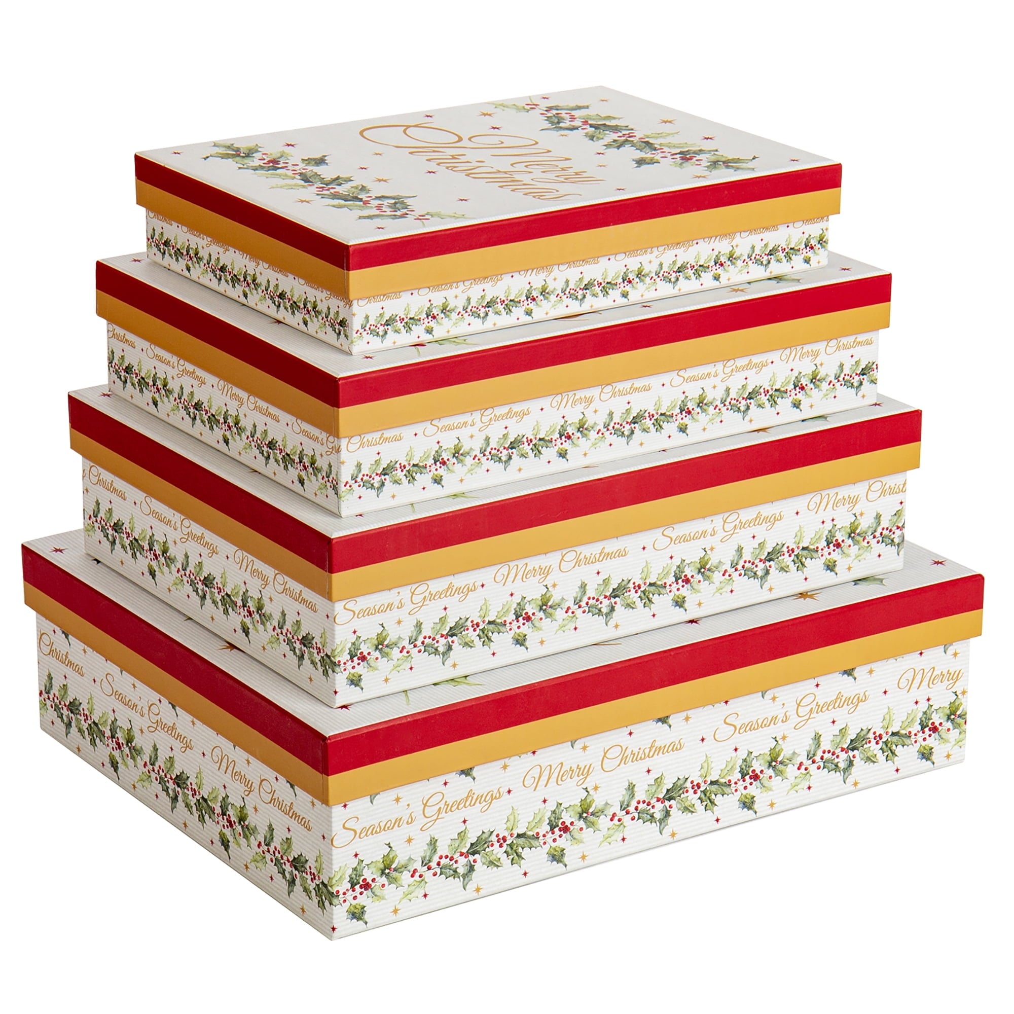 4 Pack Christmas Gift Boxes with Lids Nesting Square Box Set in Bows Decor Designs for Christmas Holiday Birthday Wedding Present