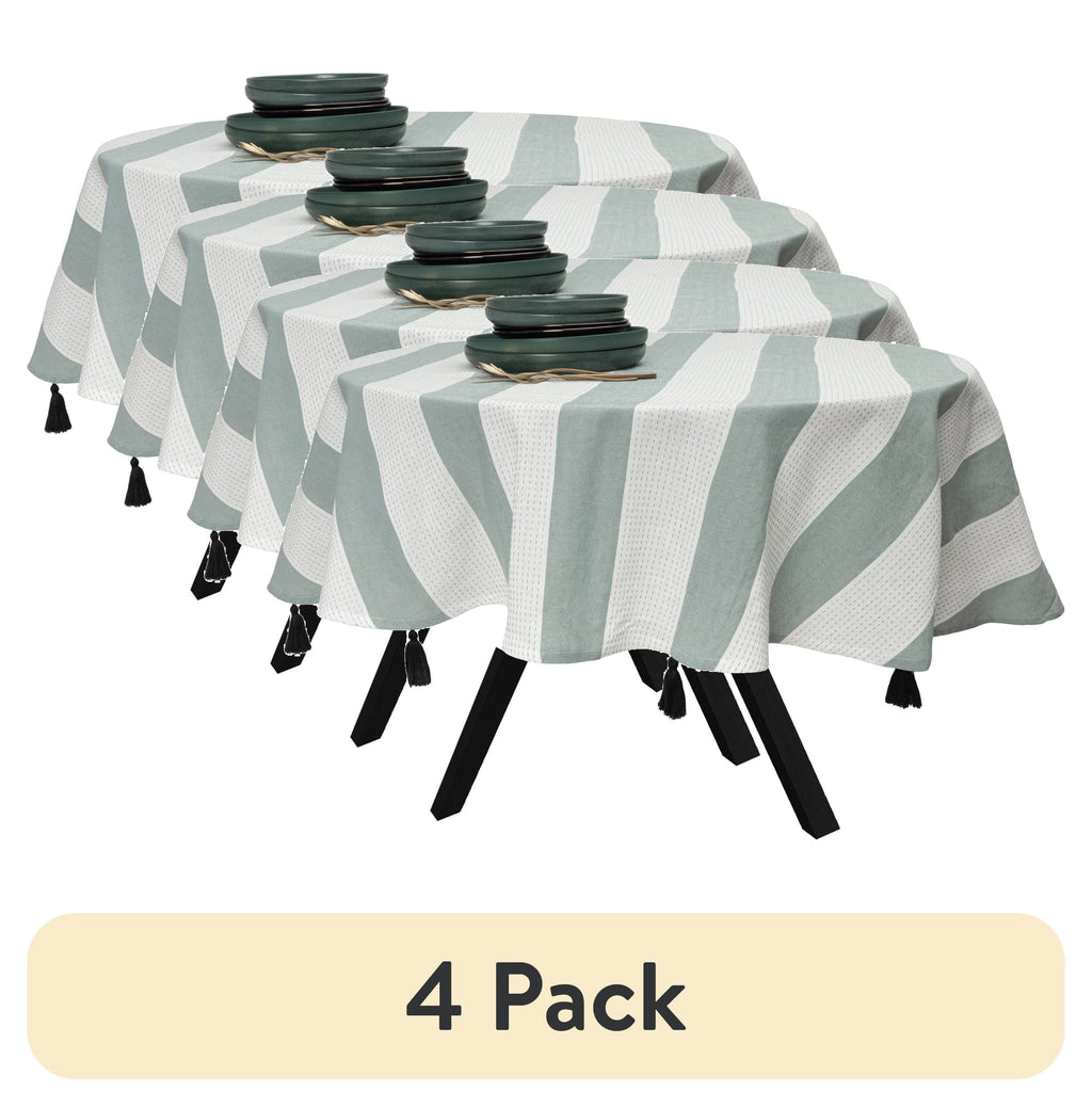 (4 pack) Thyme & Table 70" Round Tablecloth, Green and White with Black Tassels