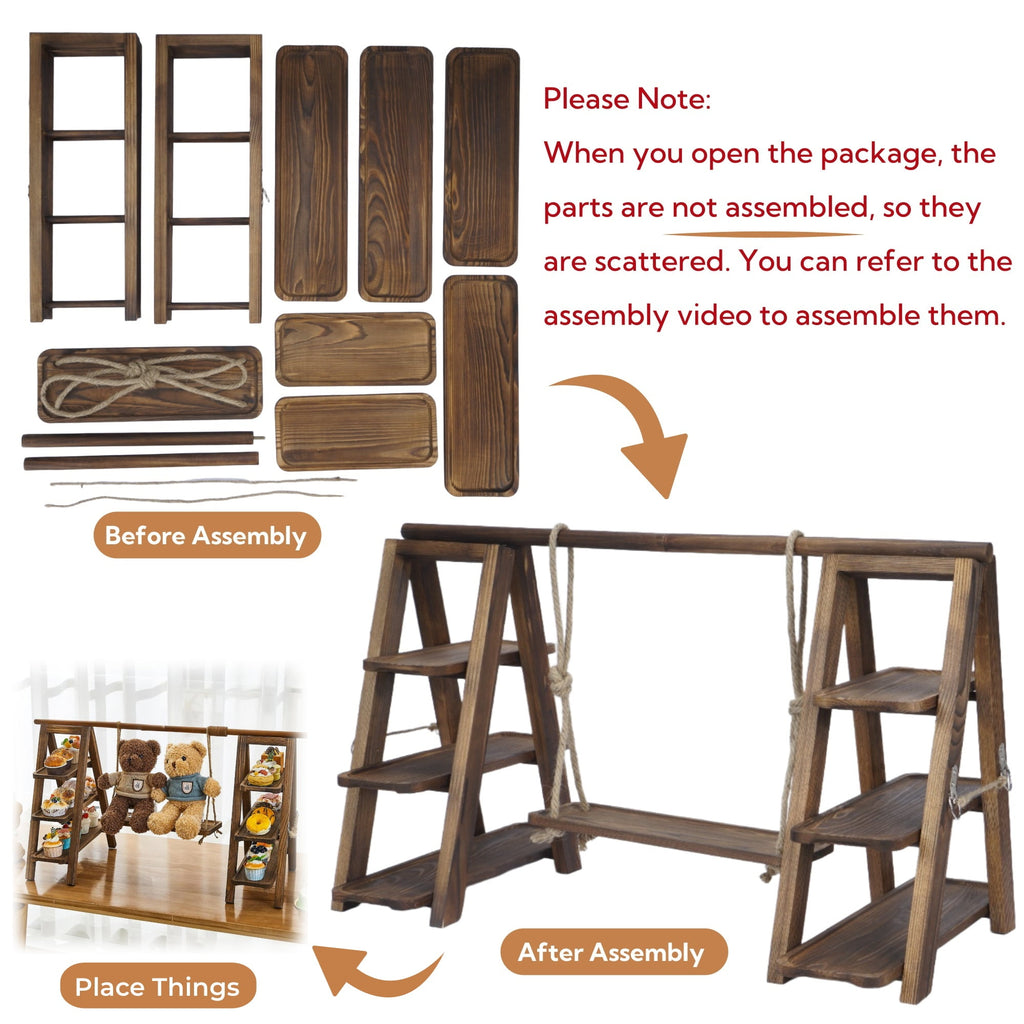 Gomok 3 Tier Serving Tray Wooden Cupcake Stand Rustic Foldable Dessert Table Display Set with Removable Trays
