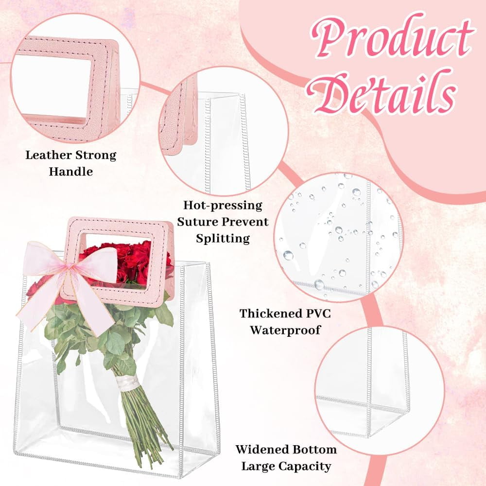 24 Pcs Clear Gift Bags with Handles, Transparent PVC Gift Bag with Ribbon, Reusable Plastic Shopping Bags, Heavy Duty Gift Wrap Bags for Bridal Party Baby Shower Wedding Birthday (10x11x6In-Large)