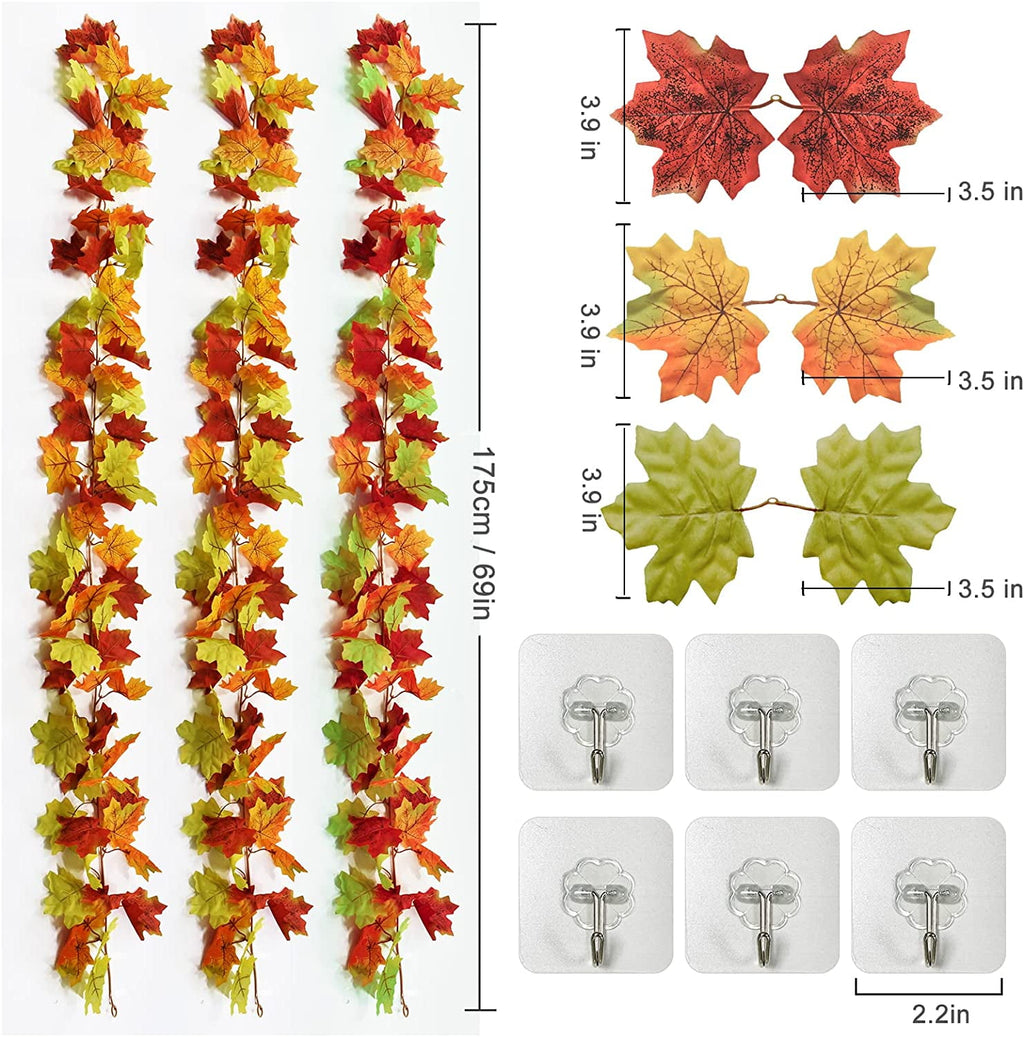 Samhe 3 Pack Fall Leaves Garland, Artificial Maple Leaf Autumn Garland Hanging Vine for Thanksgiving Party Front Door Home Fireplace Harvest Thanksgiving Decor (Yellow, 6.5Ft/Pack)