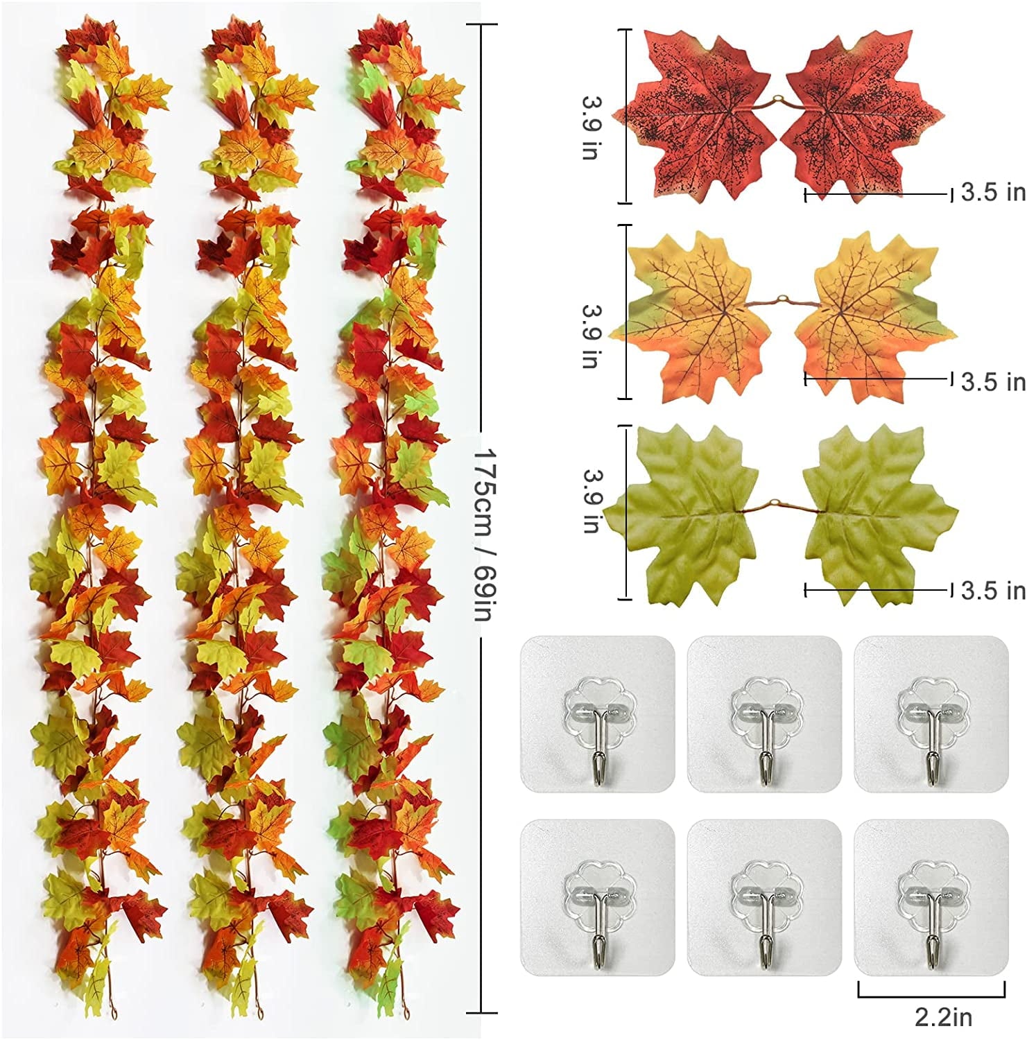 Samhe 3 Pack Fall Leaves Garland, Artificial Maple Leaf Autumn Garland Hanging Vine for Thanksgiving Party Front Door Home Fireplace Harvest Thanksgiving Decor (Yellow, 6.5Ft/Pack)
